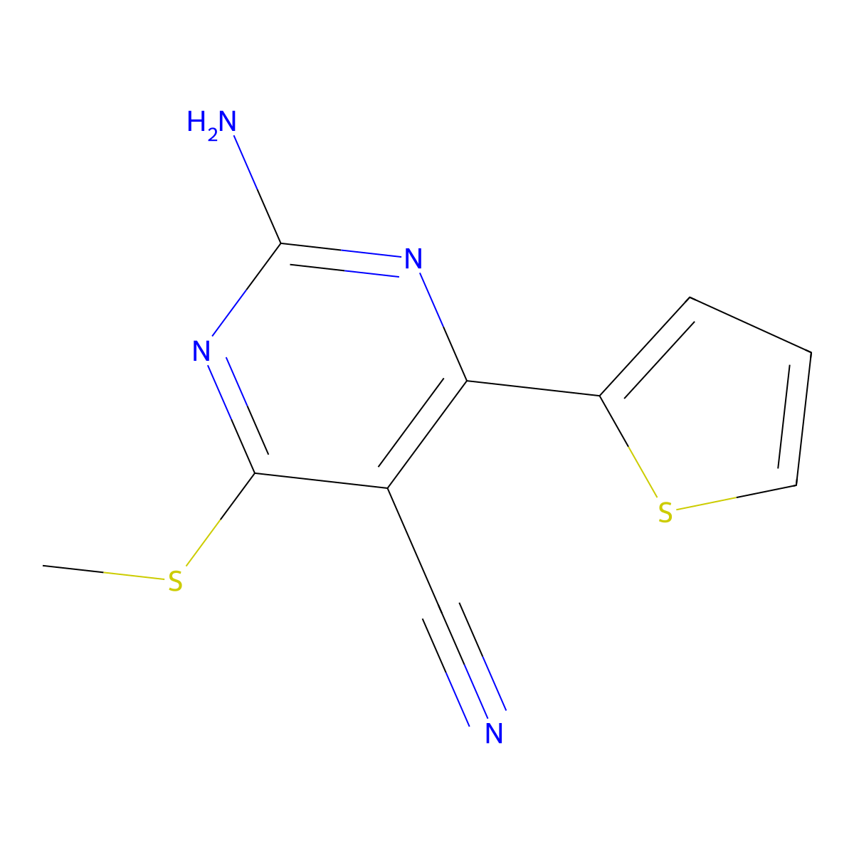 2-Amino-4-(methylsulfanyl)-6-(2-thienyl)-5-pyrimidinecarbonitrile molecular structure, CAS 68364-50-1
