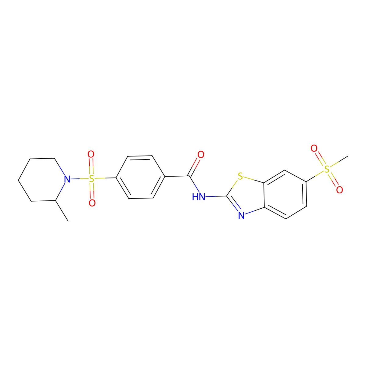 4-((2-methylpiperidin-1-yl)sulfonyl)-N-(6-(methylsulfonyl)benzo[d]thiazol-2-yl)benzamide molecular structure, CAS 683766-24-7