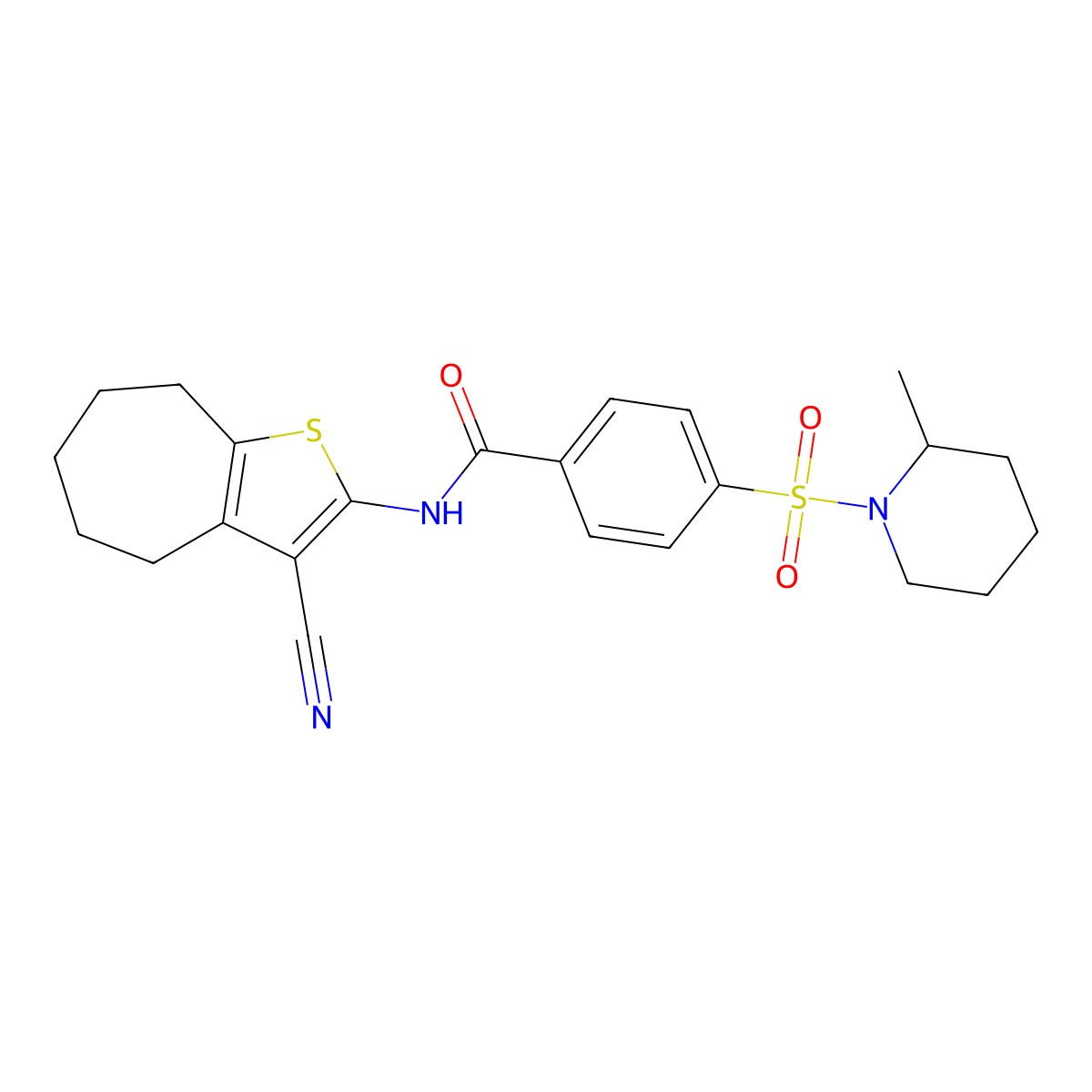 N-(3-cyano-5,6,7,8-tetrahydro-4H-cyclohepta[b]thiophen-2-yl)-4-((2-methylpiperidin-1-yl)sulfonyl)benzamide molecular structure, CAS 683766-40-7