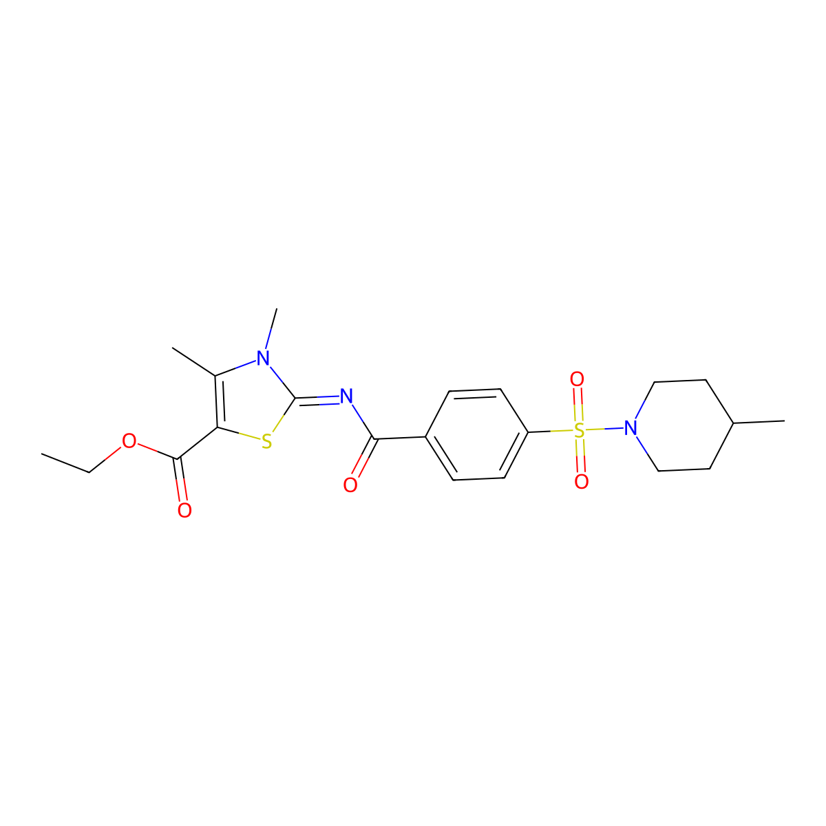 (Z)-ethyl 3,4-dimethyl-2-((4-((4-methylpiperidin-1-yl)sulfonyl)benzoyl)imino)-2,3-dihydrothiazole-5-carboxylate molecular structure, CAS 683767-22-8