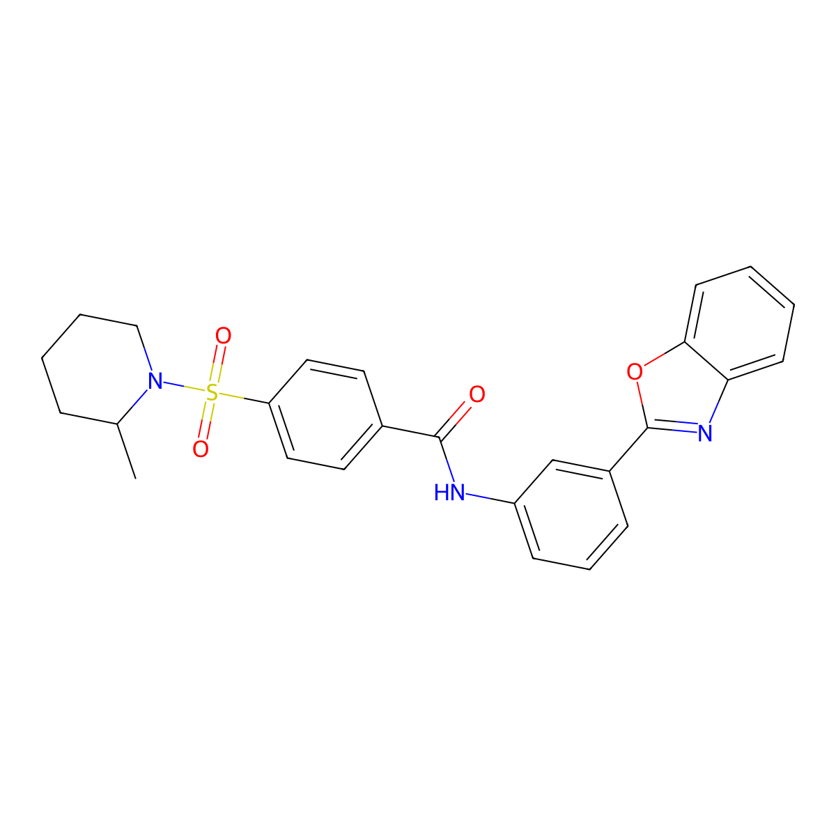 N-(3-(benzo[d]oxazol-2-yl)phenyl)-4-((2-methylpiperidin-1-yl)sulfonyl)benzamide molecular structure, CAS 683767-78-4