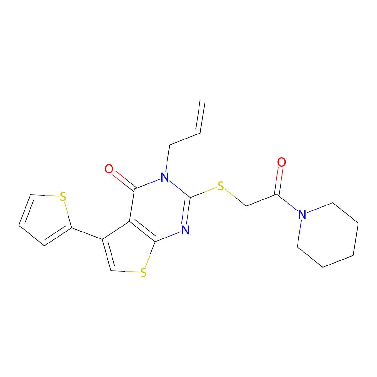 3-allyl-2-((2-oxo-2-(piperidin-1-yl)ethyl)thio)-5-(thiophen-2-yl)thieno[2,3-d]pyrimidin-4(3H)-one molecular structure, CAS 683779-93-3