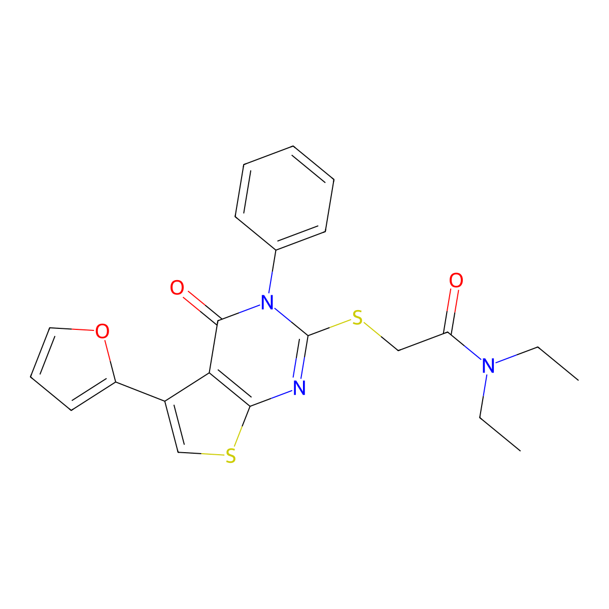 N,N-diethyl-2-[5-(furan-2-yl)-4-oxo-3-phenylthieno[2,3-d]pyrimidin-2-yl]sulfanylacetamide molecular structure, CAS 683780-00-9
