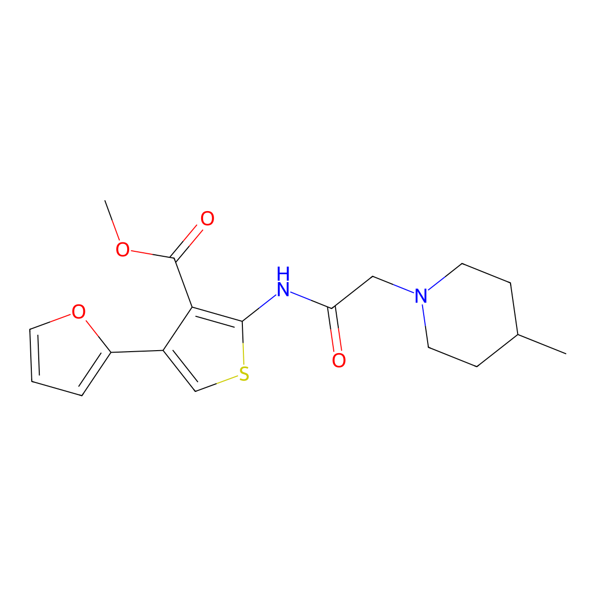 Methyl 4-(furan-2-yl)-2-(2-(4-methylpiperidin-1-yl)acetamido)thiophene-3-carboxylate molecular structure, CAS 683780-02-1