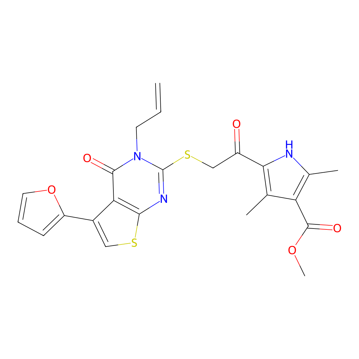 methyl 5-[2-[5-(furan-2-yl)-4-oxo-3-prop-2-enylthieno[2,3-d]pyrimidin-2-yl]sulfanylacetyl]-2,4-dimethyl-1H-pyrrole-3-carboxylate molecular structure, CAS 683780-04-3