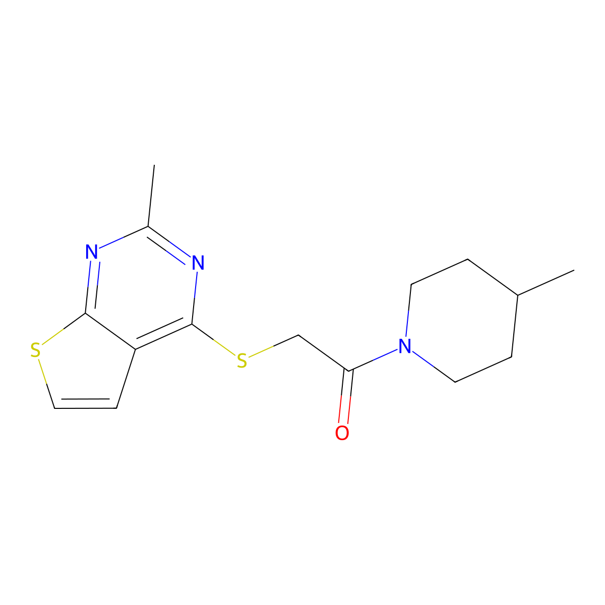 1-(4-Methylpiperidin-1-yl)-2-((2-methylthieno[2,3-d]pyrimidin-4-yl)thio)ethanone molecular structure, CAS 683780-09-8