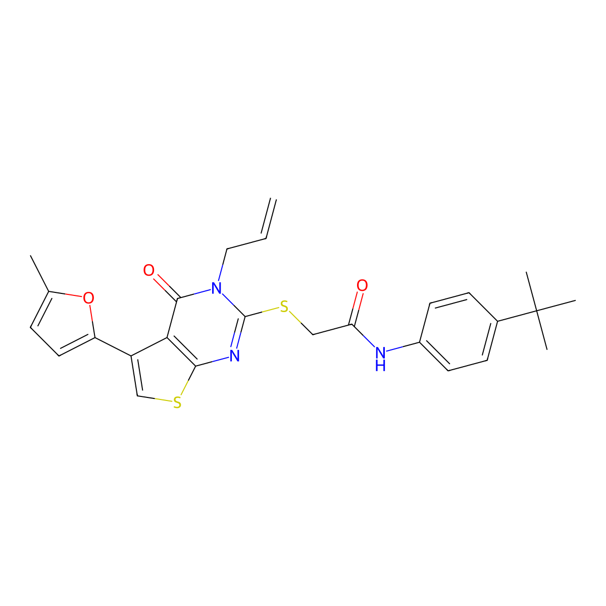 2-((3-allyl-5-(5-methylfuran-2-yl)-4-oxo-3,4-dihydrothieno[2,3-d]pyrimidin-2-yl)thio)-N-(4-(tert-butyl)phenyl)acetamide molecular structure, CAS 683780-11-2
