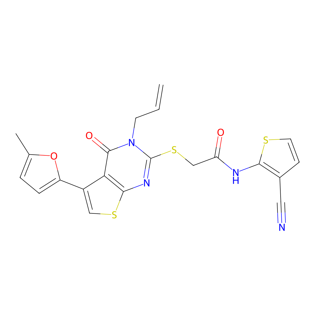 2-((3-allyl-5-(5-methylfuran-2-yl)-4-oxo-3,4-dihydrothieno[2,3-d]pyrimidin-2-yl)thio)-N-(3-cyanothiophen-2-yl)acetamide molecular structure, CAS 683780-16-7