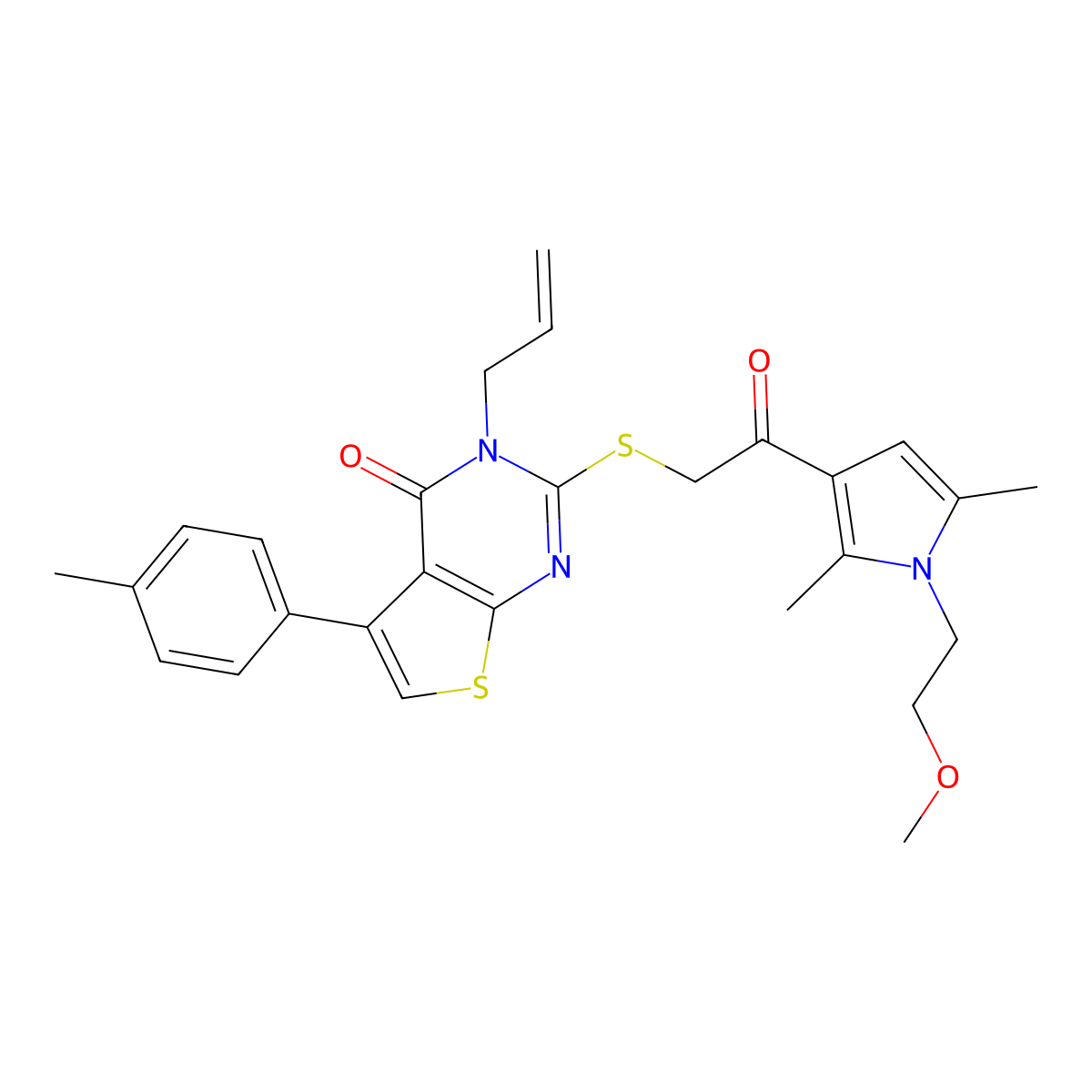 3-allyl-2-((2-(1-(2-methoxyethyl)-2,5-dimethyl-1H-pyrrol-3-yl)-2-oxoethyl)thio)-5-(p-tolyl)thieno[2,3-d]pyrimidin-4(3H)-one molecular structure, CAS 683780-30-5