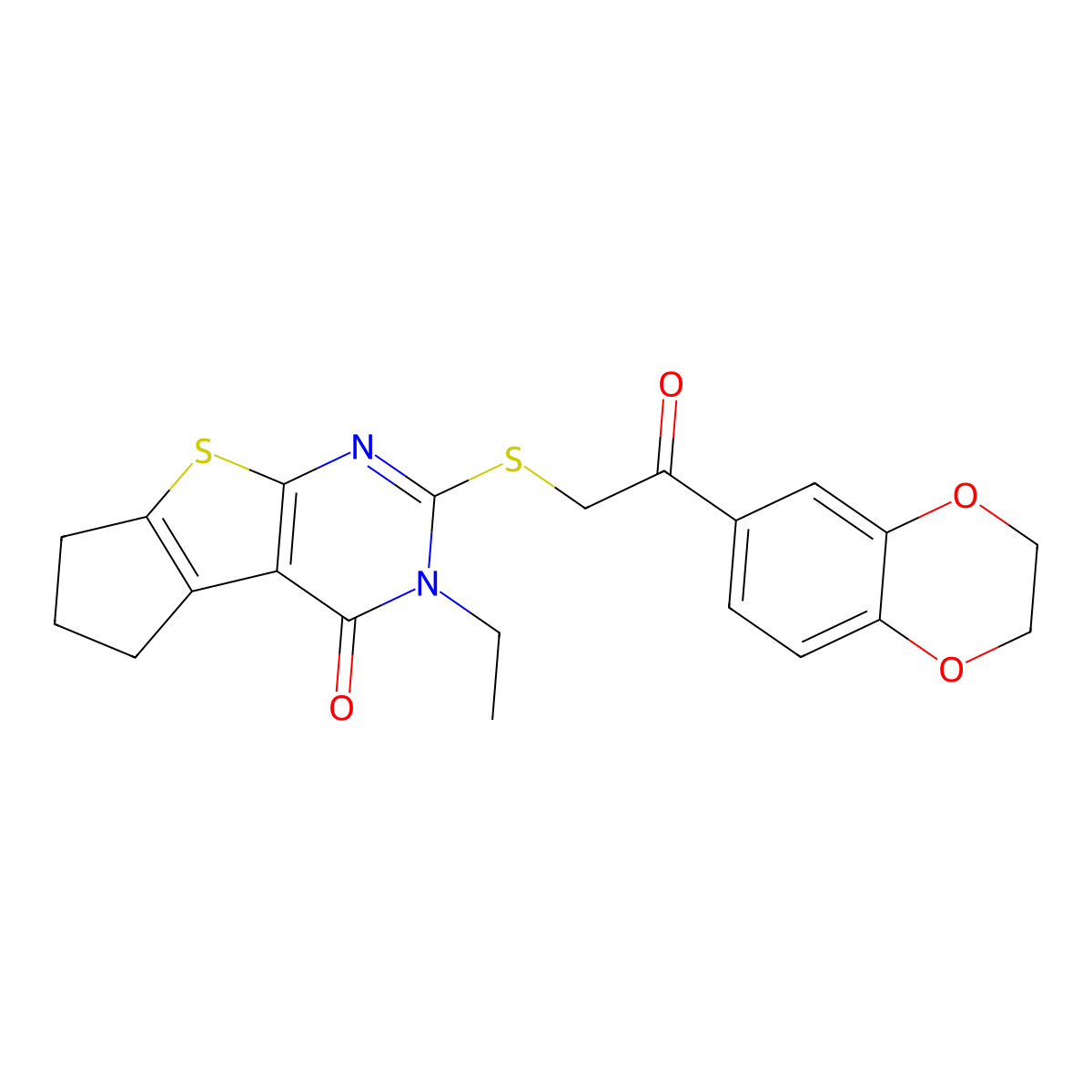 10-{[2-(2,3-Dihydro-1,4-benzodioxin-6-yl)-2-oxoethyl]sulfanyl}-11-ethyl-7-thia-9,11-diazatricyclo[6.4.0.0^{2,6}]dodeca-1(8),2(6),9-trien-12-one molecular structure, CAS 683780-32-7