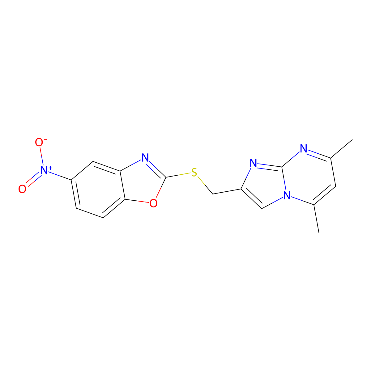 2-(((5,7-Dimethylimidazo[1,2-a]pyrimidin-2-yl)methyl)thio)-5-nitrobenzo[d]oxazole molecular structure, CAS 683784-46-5