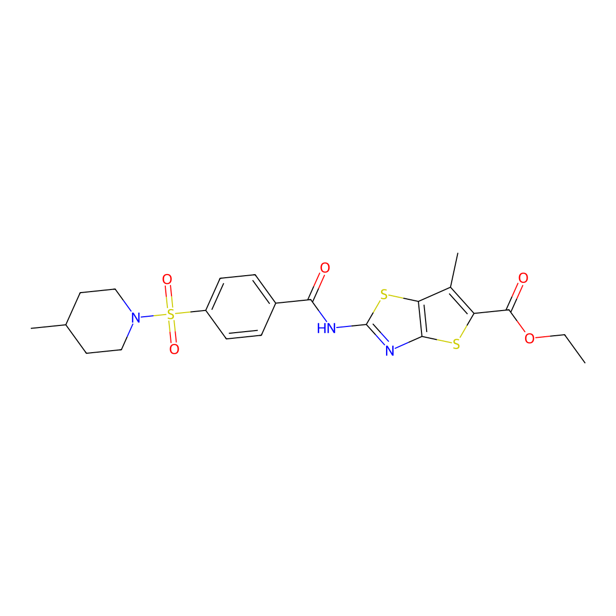 Ethyl 6-methyl-2-(4-((4-methylpiperidin-1-yl)sulfonyl)benzamido)thieno[2,3-d]thiazole-5-carboxylate molecular structure, CAS 683790-91-2