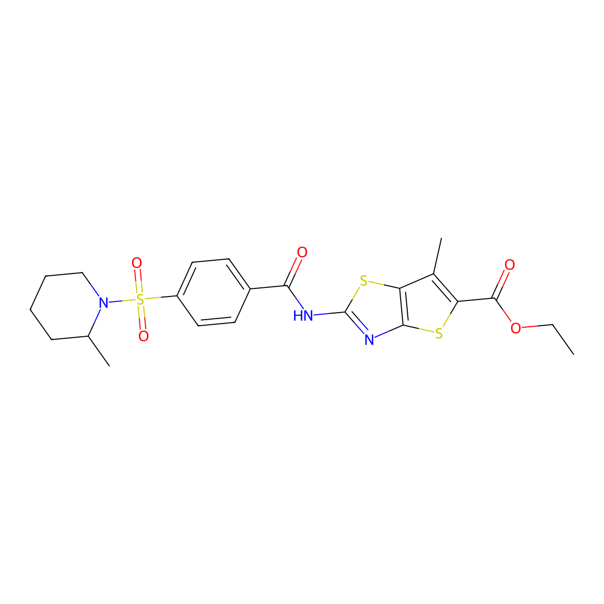 Ethyl 6-methyl-2-(4-((2-methylpiperidin-1-yl)sulfonyl)benzamido)thieno[2,3-d]thiazole-5-carboxylate molecular structure, CAS 683790-93-4