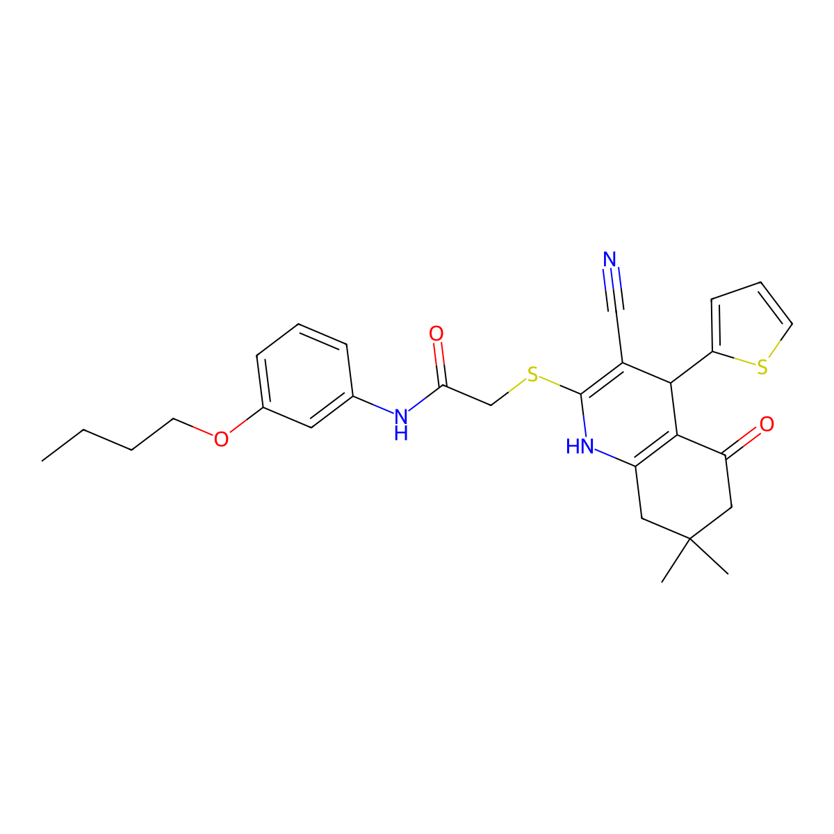 N-(3-butoxyphenyl)-2-{[3-cyano-7,7-dimethyl-5-oxo-4-(thiophen-2-yl)-1,4,5,6,7,8-hexahydroquinolin-2-yl]sulfanyl}acetamide molecular structure, CAS 683793-86-4
