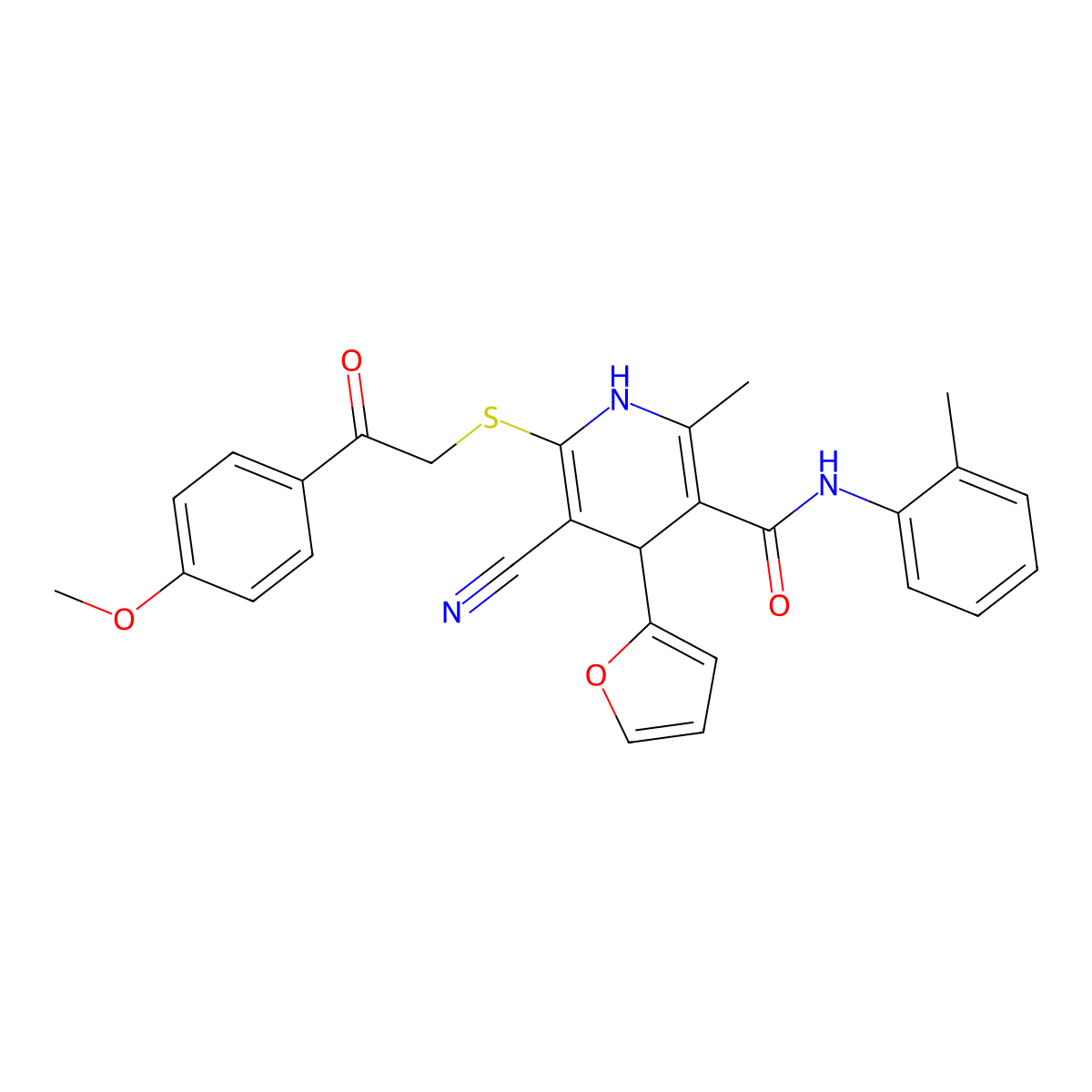 5-cyano-4-(furan-2-yl)-6-{[2-(4-methoxyphenyl)-2-oxoethyl]sulfanyl}-2-methyl-N-(2-methylphenyl)-1,4-dihydropyridine-3-carboxamide molecular structure, CAS 683793-92-2