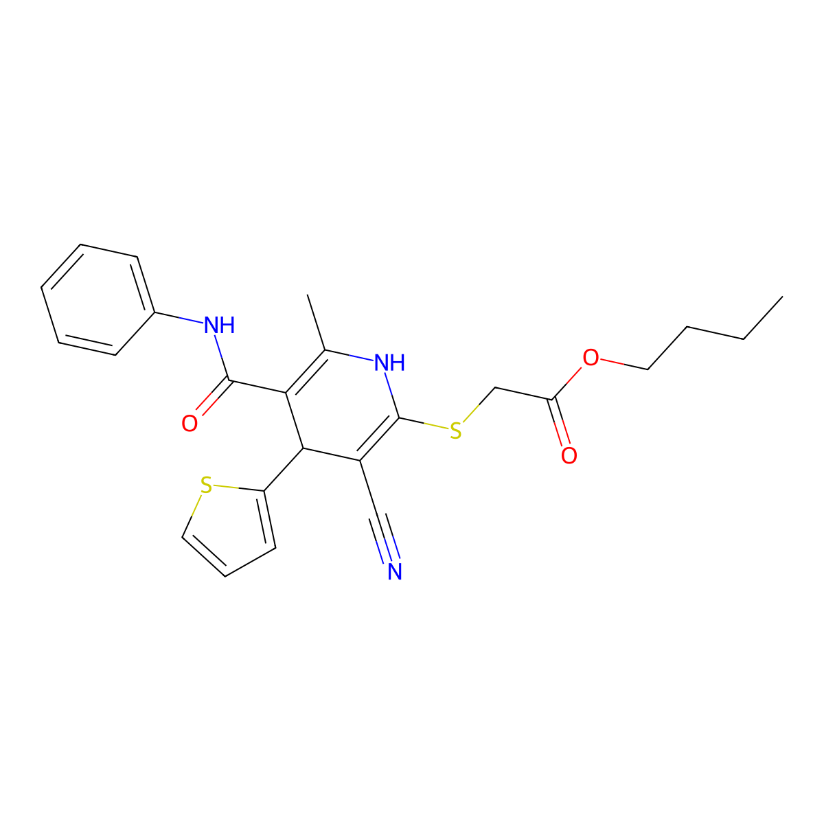 Butyl 2-[[3-cyano-6-methyl-5-(phenylcarbamoyl)-4-thiophen-2-yl-1,4-dihydropyridin-2-yl]sulfanyl]acetate molecular structure, CAS 683793-93-3