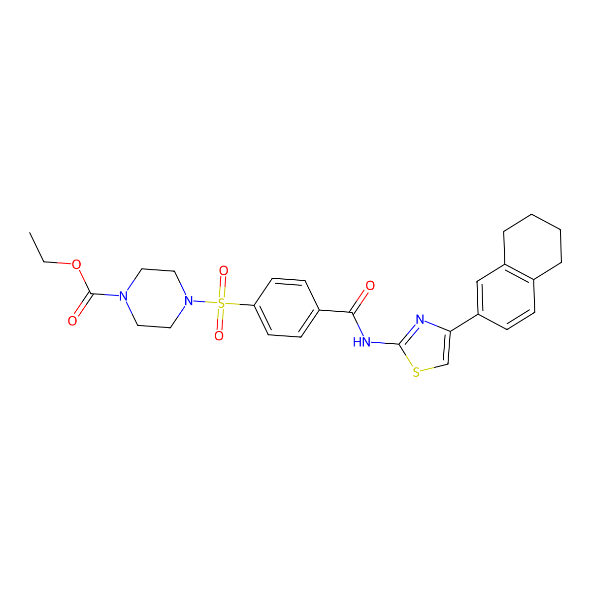 Ethyl 4-((4-((4-(5,6,7,8-tetrahydronaphthalen-2-yl)thiazol-2-yl)carbamoyl)phenyl)sulfonyl)piperazine-1-carboxylate molecular structure, CAS 683794-24-3