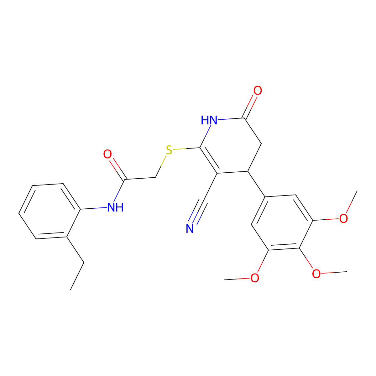 2-{[3-cyano-6-oxo-4-(3,4,5-trimethoxyphenyl)-1,4,5,6-tetrahydropyridin-2-yl]sulfanyl}-N-(2-ethylphenyl)acetamide molecular structure, CAS 683794-40-3