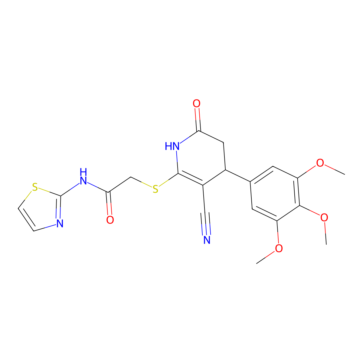 2-((3-cyano-6-oxo-4-(3,4,5-trimethoxyphenyl)-1,4,5,6-tetrahydropyridin-2-yl)thio)-N-(thiazol-2-yl)acetamide molecular structure, CAS 683794-44-7