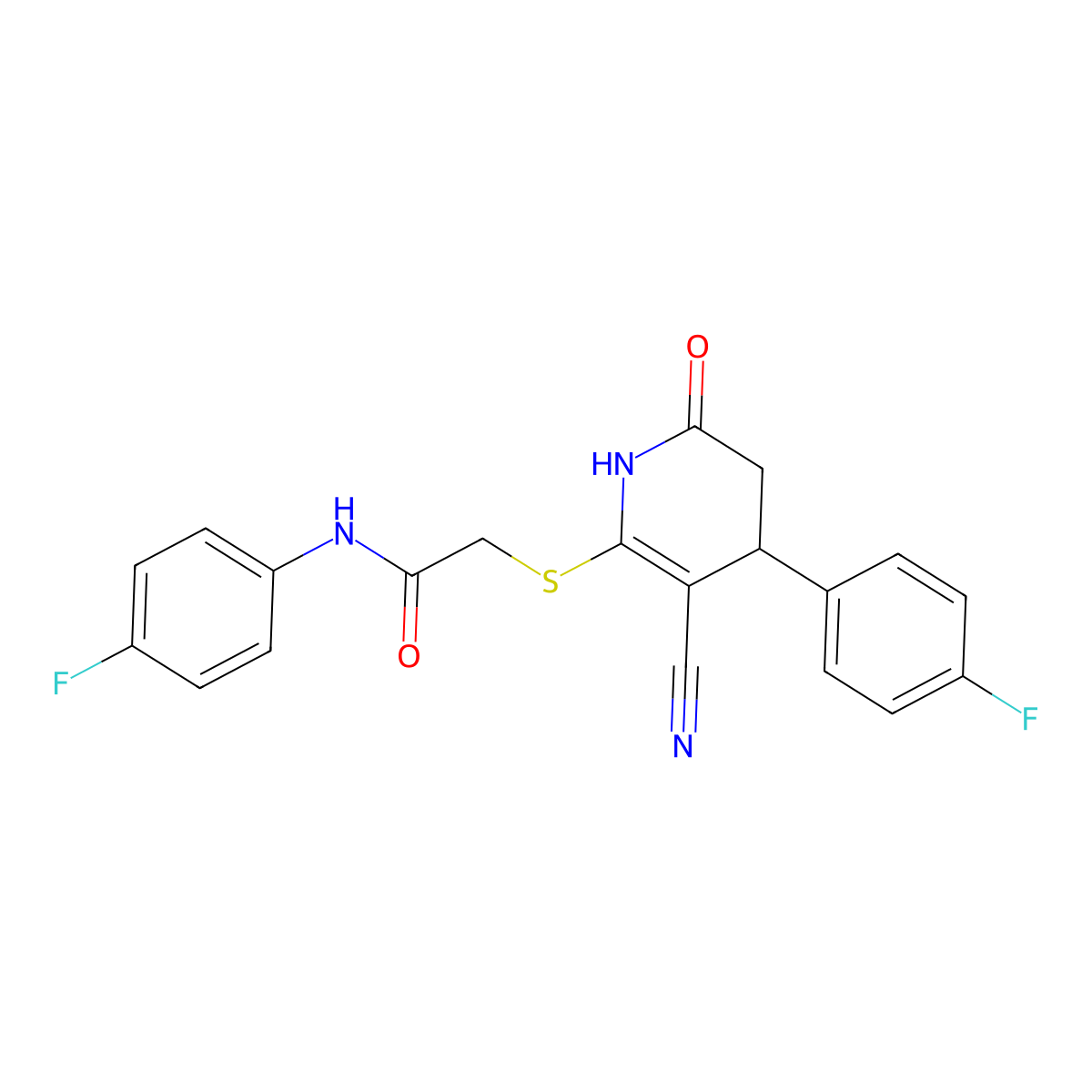 2-((3-cyano-4-(4-fluorophenyl)-6-oxo-1,4,5,6-tetrahydropyridin-2-yl)thio)-N-(4-fluorophenyl)acetamide molecular structure, CAS 683794-51-6