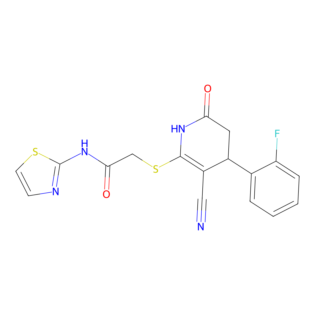 2-((3-cyano-4-(2-fluorophenyl)-6-oxo-1,4,5,6-tetrahydropyridin-2-yl)thio)-N-(thiazol-2-yl)acetamide molecular structure, CAS 683794-54-9