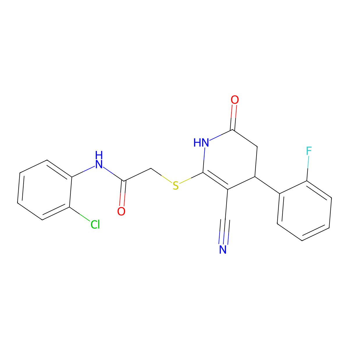 N-(2-chlorophenyl)-2-{[3-cyano-4-(2-fluorophenyl)-6-oxo-1,4,5,6-tetrahydropyridin-2-yl]sulfanyl}acetamide molecular structure, CAS 683794-55-0