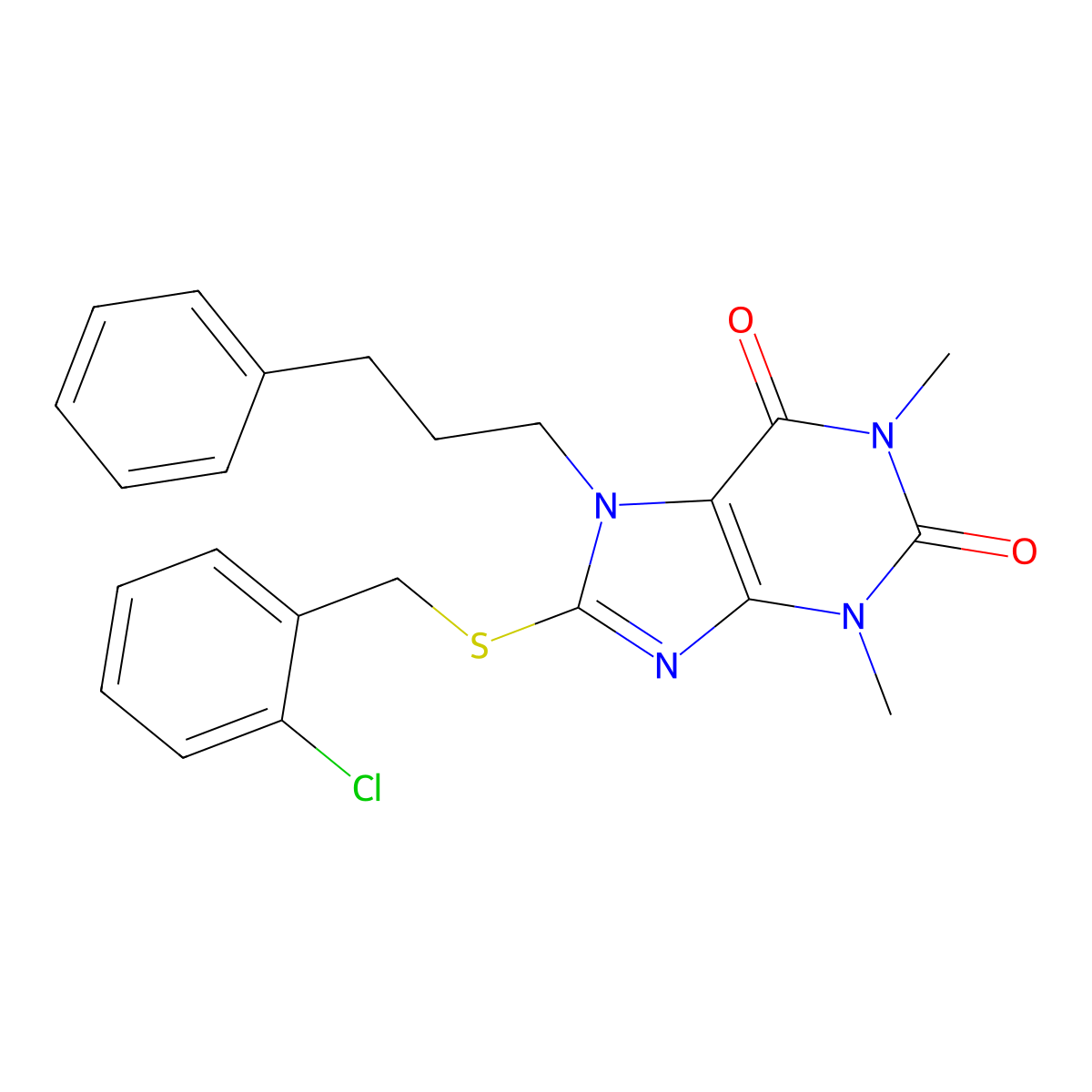 8-[(2-Chlorophenyl)methylsulfanyl]-1,3-dimethyl-7-(3-phenylpropyl)purine-2,6-dione molecular structure, CAS 683794-90-3