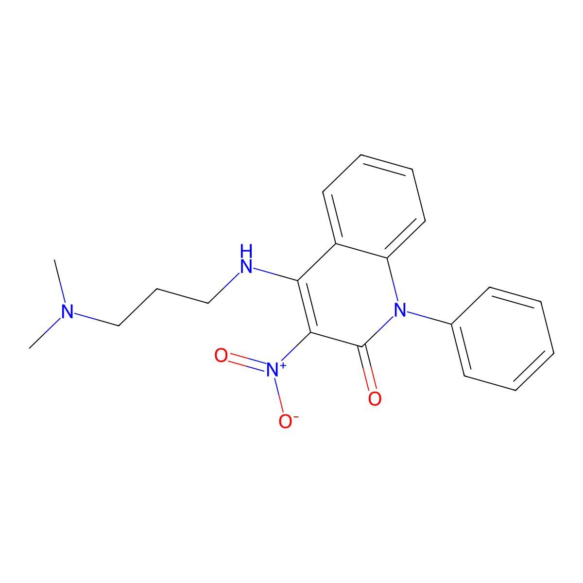 4-((3-(dimethylamino)propyl)amino)-3-nitro-1-phenylquinolin-2(1H)-one molecular structure, CAS 683797-55-9