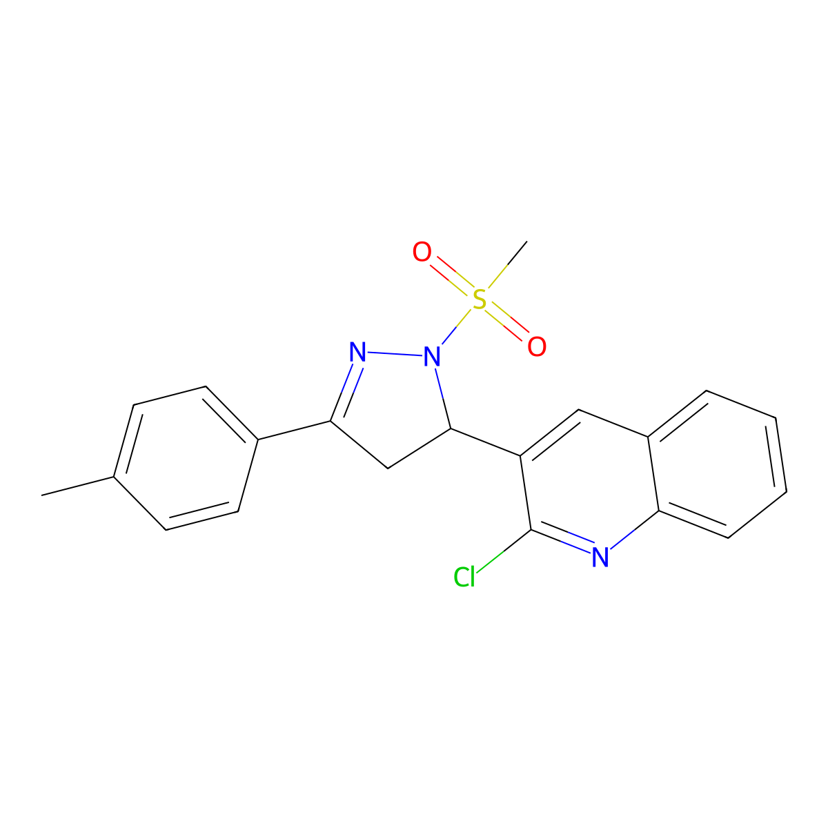 2-chloro-3-(1-(methylsulfonyl)-3-(p-tolyl)-4,5-dihydro-1H-pyrazol-5-yl)quinoline molecular structure, CAS 683799-42-0