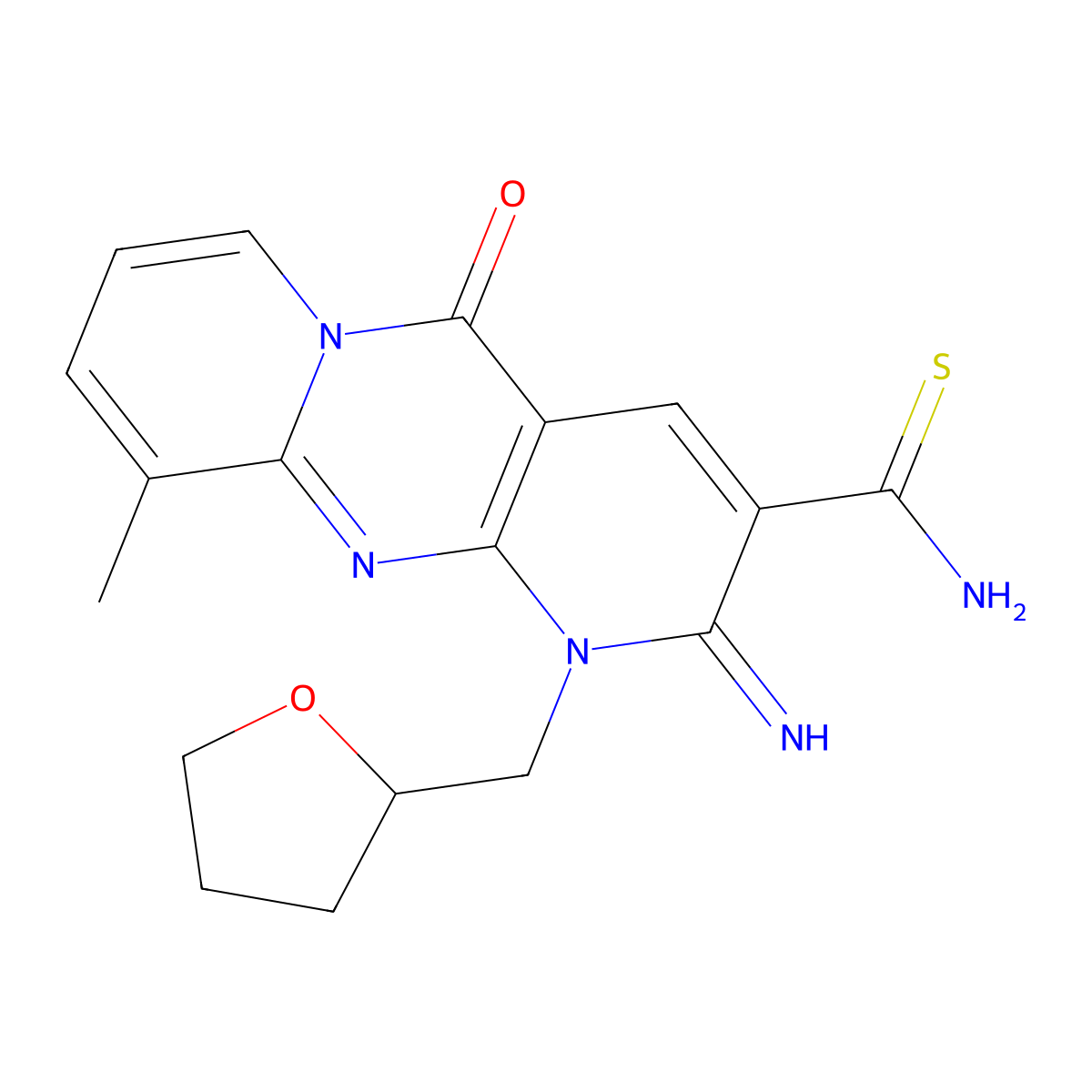 2-imino-10-methyl-5-oxo-1-((tetrahydrofuran-2-yl)methyl)-2,5-dihydro-1H-dipyrido[1,2-a:2',3'-d]pyrimidine-3-carbothioamide molecular structure, CAS 683806-61-3