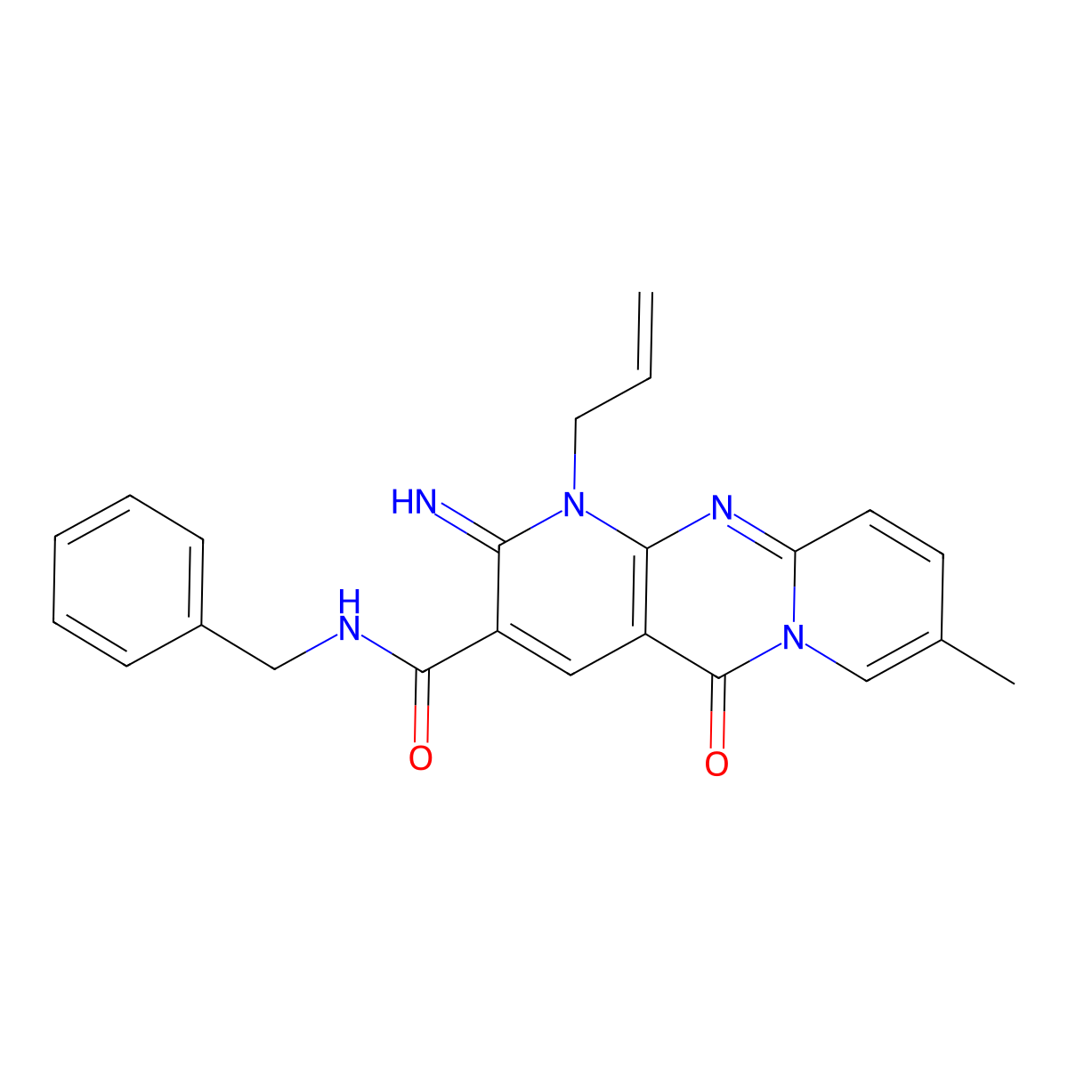 N-benzyl-6-imino-13-methyl-2-oxo-7-(prop-2-en-1-yl)-1,7,9-triazatricyclo[8.4.0.0^{3,8}]tetradeca-3(8),4,9,11,13-pentaene-5-carboxamide molecular structure, CAS 683806-71-5