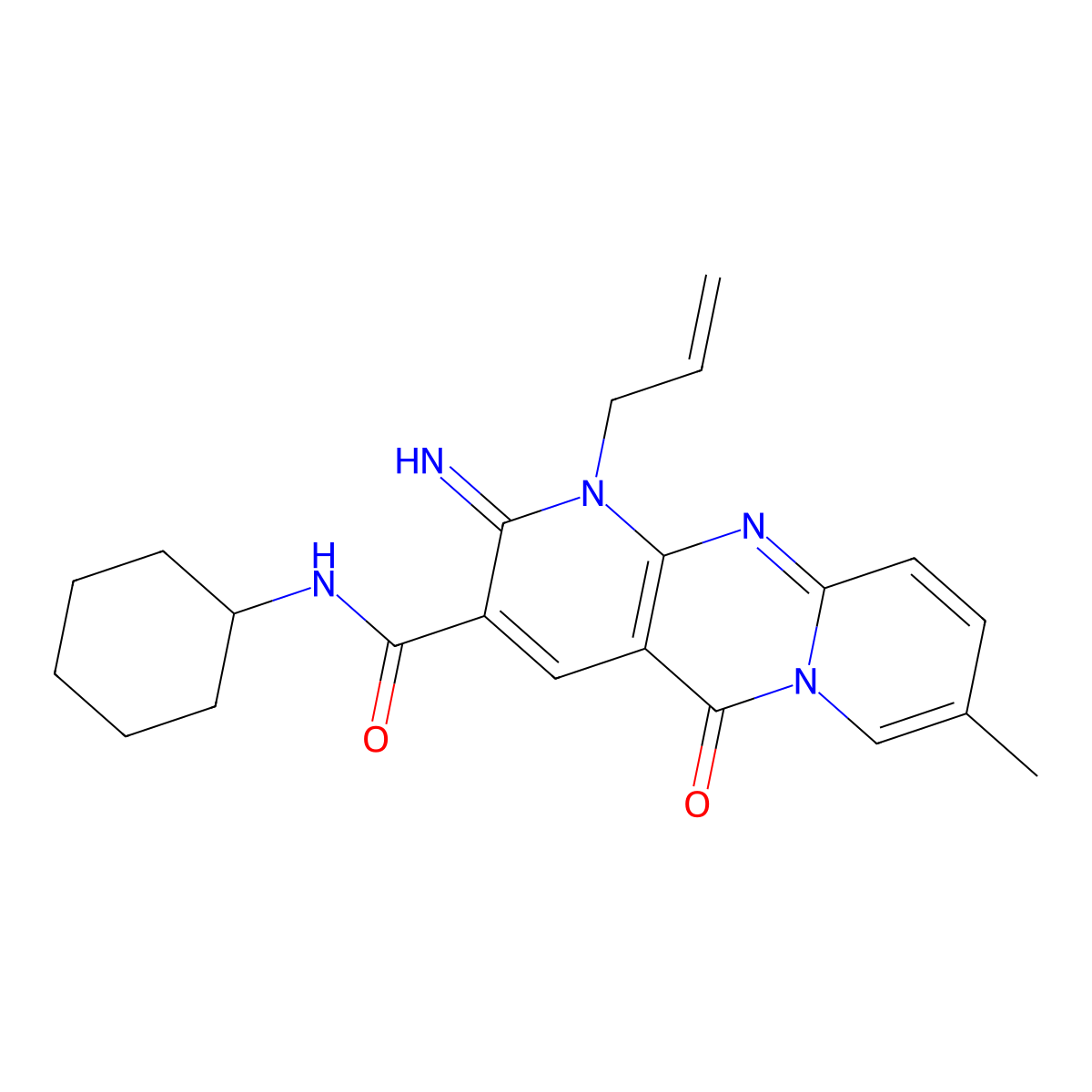 N-cyclohexyl-6-imino-13-methyl-2-oxo-7-(prop-2-en-1-yl)-1,7,9-triazatricyclo[8.4.0.0^{3,8}]tetradeca-3(8),4,9,11,13-pentaene-5-carboxamide molecular structure, CAS 683806-76-0