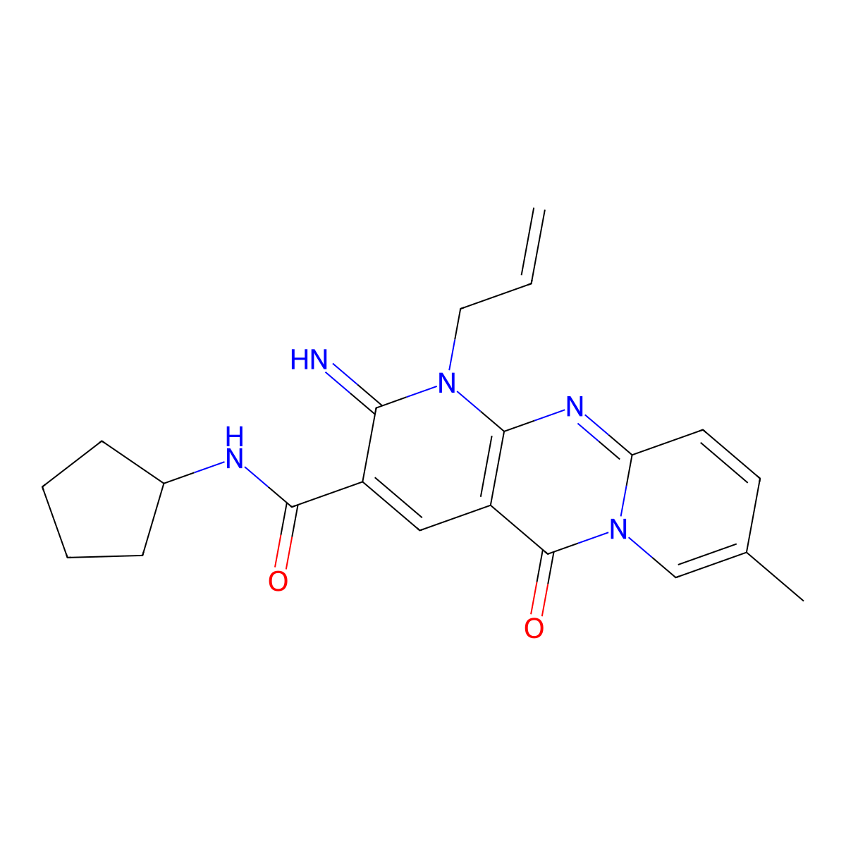 N-cyclopentyl-6-imino-13-methyl-2-oxo-7-(prop-2-en-1-yl)-1,7,9-triazatricyclo[8.4.0.0^{3,8}]tetradeca-3(8),4,9,11,13-pentaene-5-carboxamide molecular structure, CAS 683806-77-1