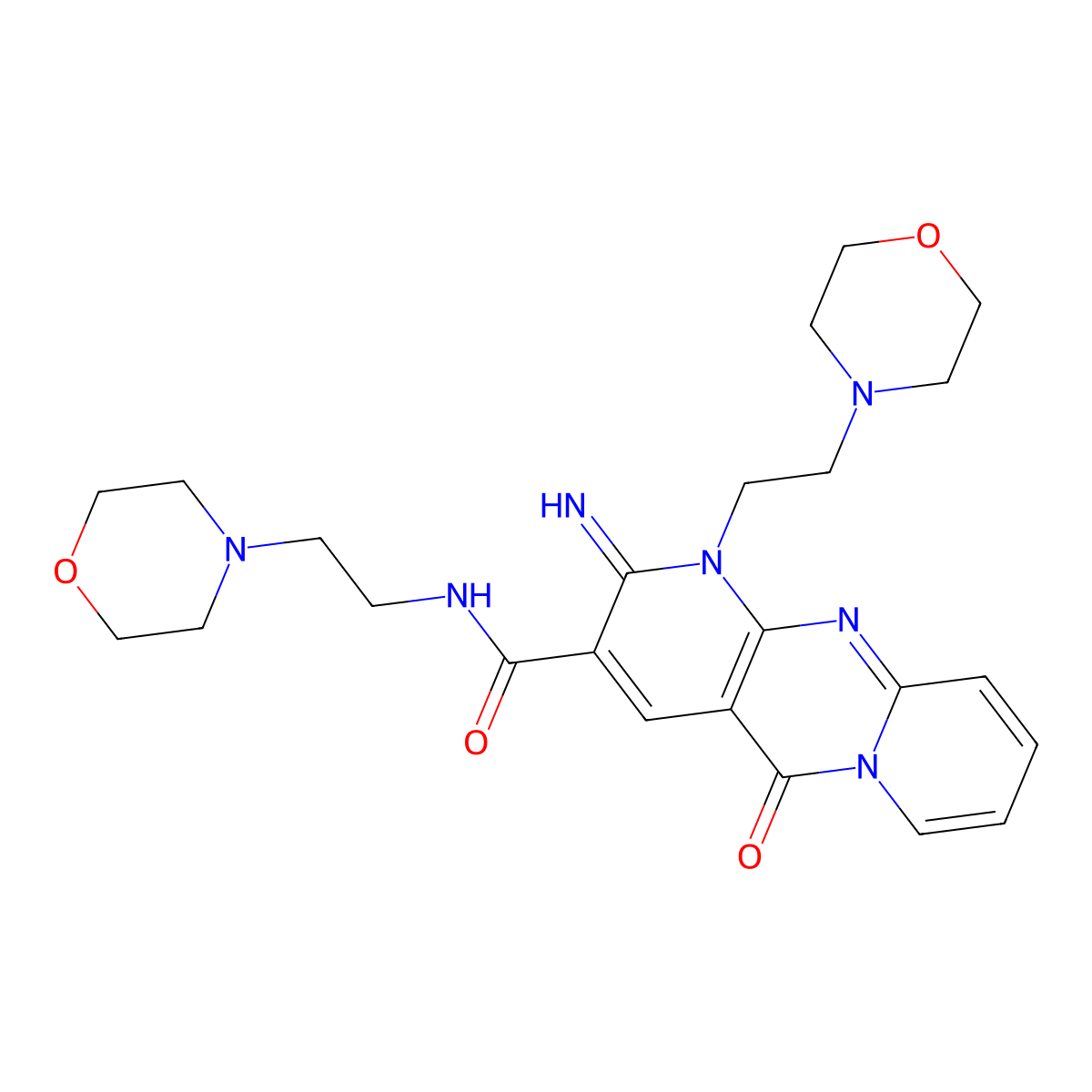 2-imino-N,1-bis(2-morpholinoethyl)-5-oxo-2,5-dihydro-1H-dipyrido[1,2-a:2',3'-d]pyrimidine-3-carboxamide molecular structure, CAS 683806-92-0