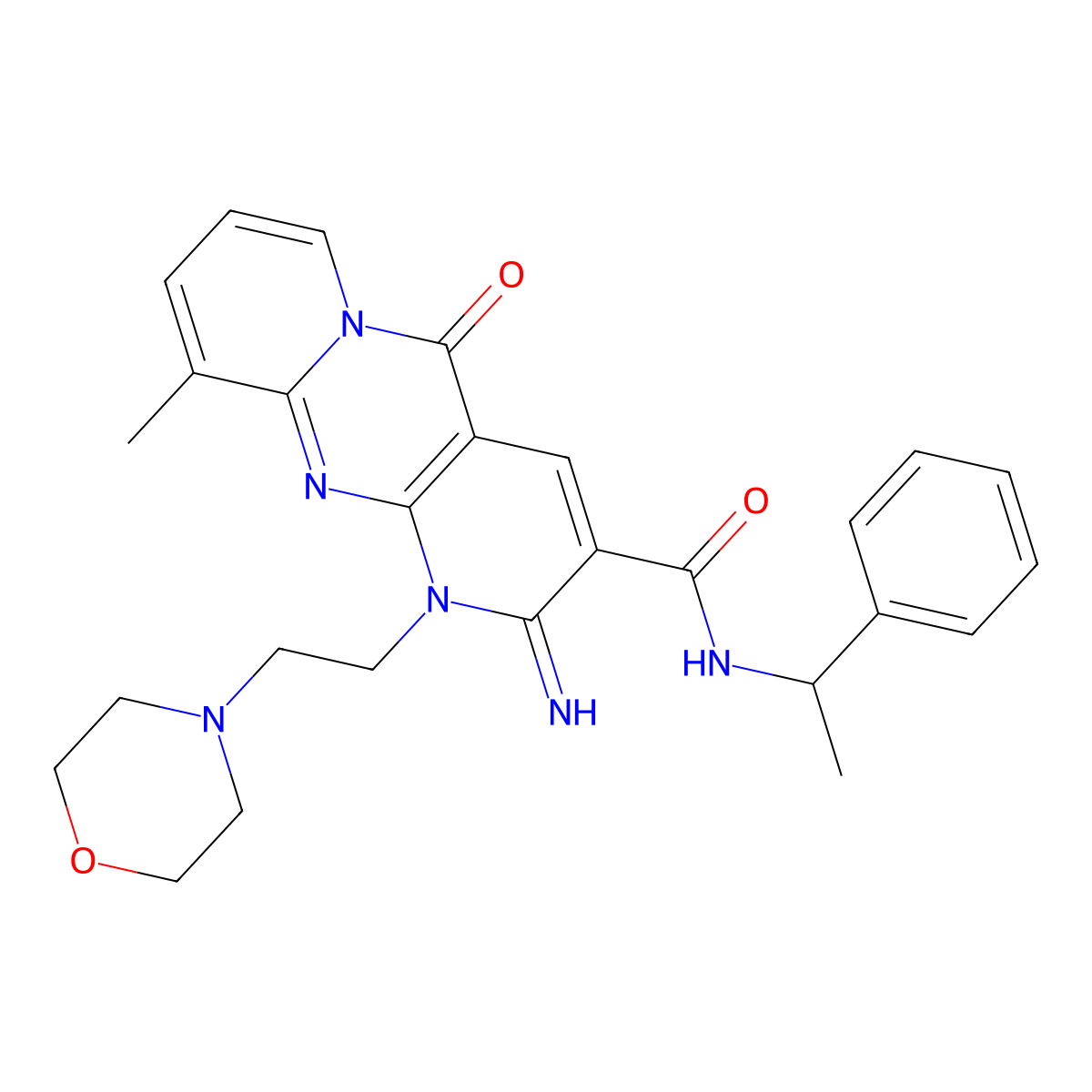 2-imino-10-methyl-1-(2-morpholinoethyl)-5-oxo-N-(1-phenylethyl)-2,5-dihydro-1H-dipyrido[1,2-a:2',3'-d]pyrimidine-3-carboxamide molecular structure, CAS 683806-94-2
