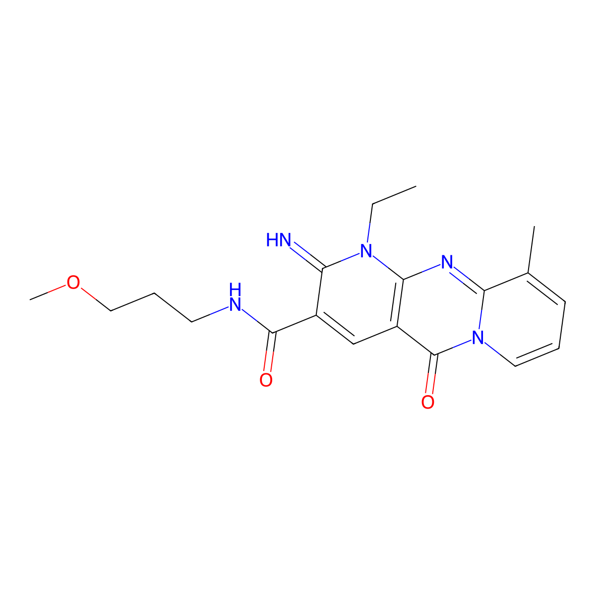 1-ethyl-2-imino-N-(3-methoxypropyl)-10-methyl-5-oxo-1,5-dihydro-2H-dipyrido[1,2-a:2',3'-d]pyrimidine-3-carboxamide molecular structure, CAS 683807-02-5