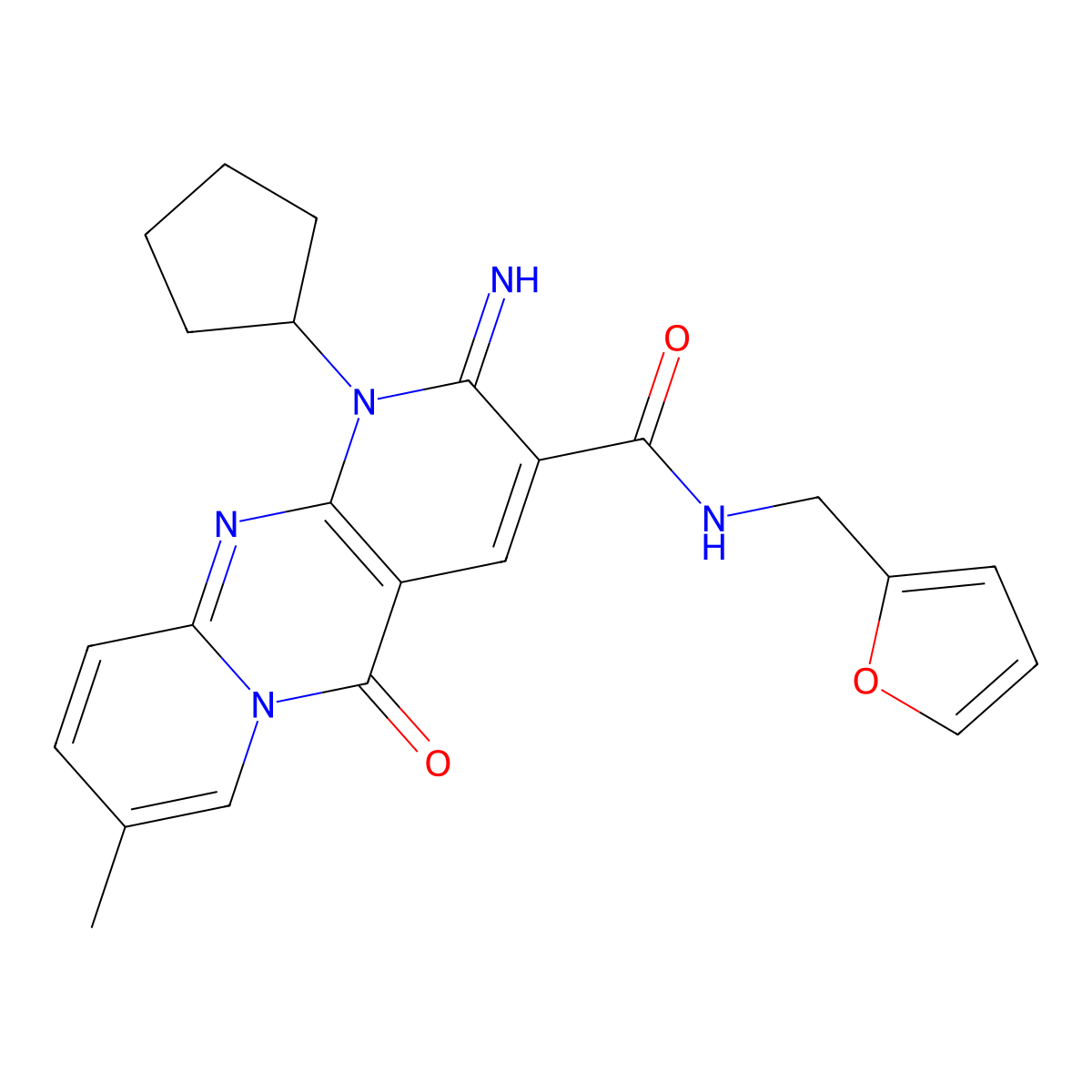 1-Cyclopentyl-2-imino-6-methyl-10-oxo-1,10-dihydro-2H-1,9,10a-triaza-anthracene-3-carboxylic acid (furan-2-ylmethyl)-amide molecular structure, CAS 683807-17-2