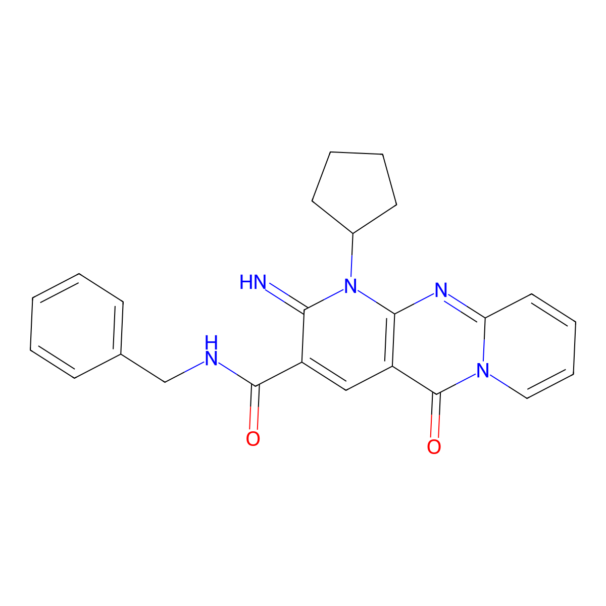 N-benzyl-7-cyclopentyl-6-imino-2-oxo-1,7,9-triazatricyclo[8.4.0.0^{3,8}]tetradeca-3(8),4,9,11,13-pentaene-5-carboxamide molecular structure, CAS 683807-18-3