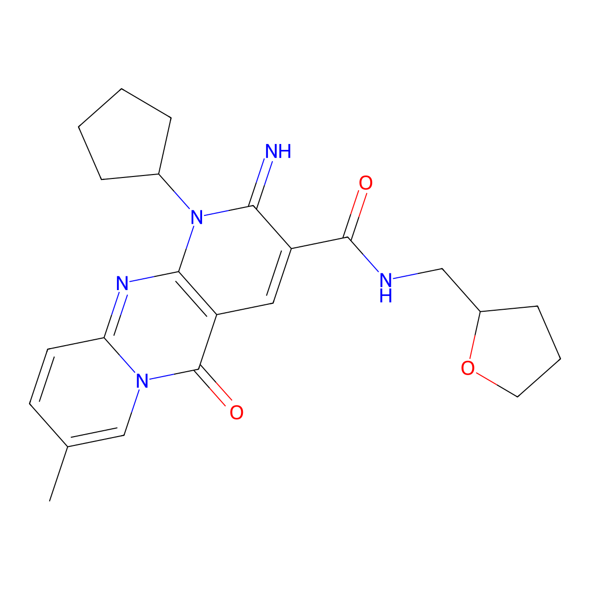 1-Cyclopentyl-2-imino-6-methyl-10-oxo-1,10-dihydro-2H-1,9,10a-triaza-anthracene-3-carboxylic acid (tetrahydro-furan-2-ylmethyl)-amide molecular structure, CAS 683807-21-8