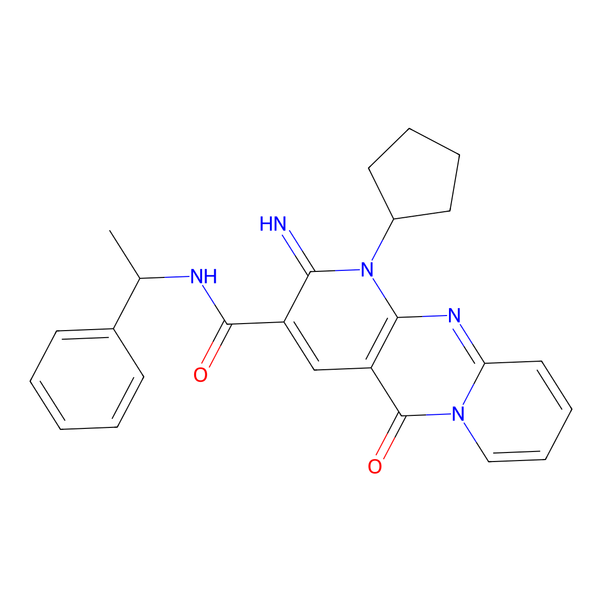 7-cyclopentyl-6-imino-2-oxo-N-(1-phenylethyl)-1,7,9-triazatricyclo[8.4.0.0^{3,8}]tetradeca-3(8),4,9,11,13-pentaene-5-carboxamide molecular structure, CAS 683807-22-9