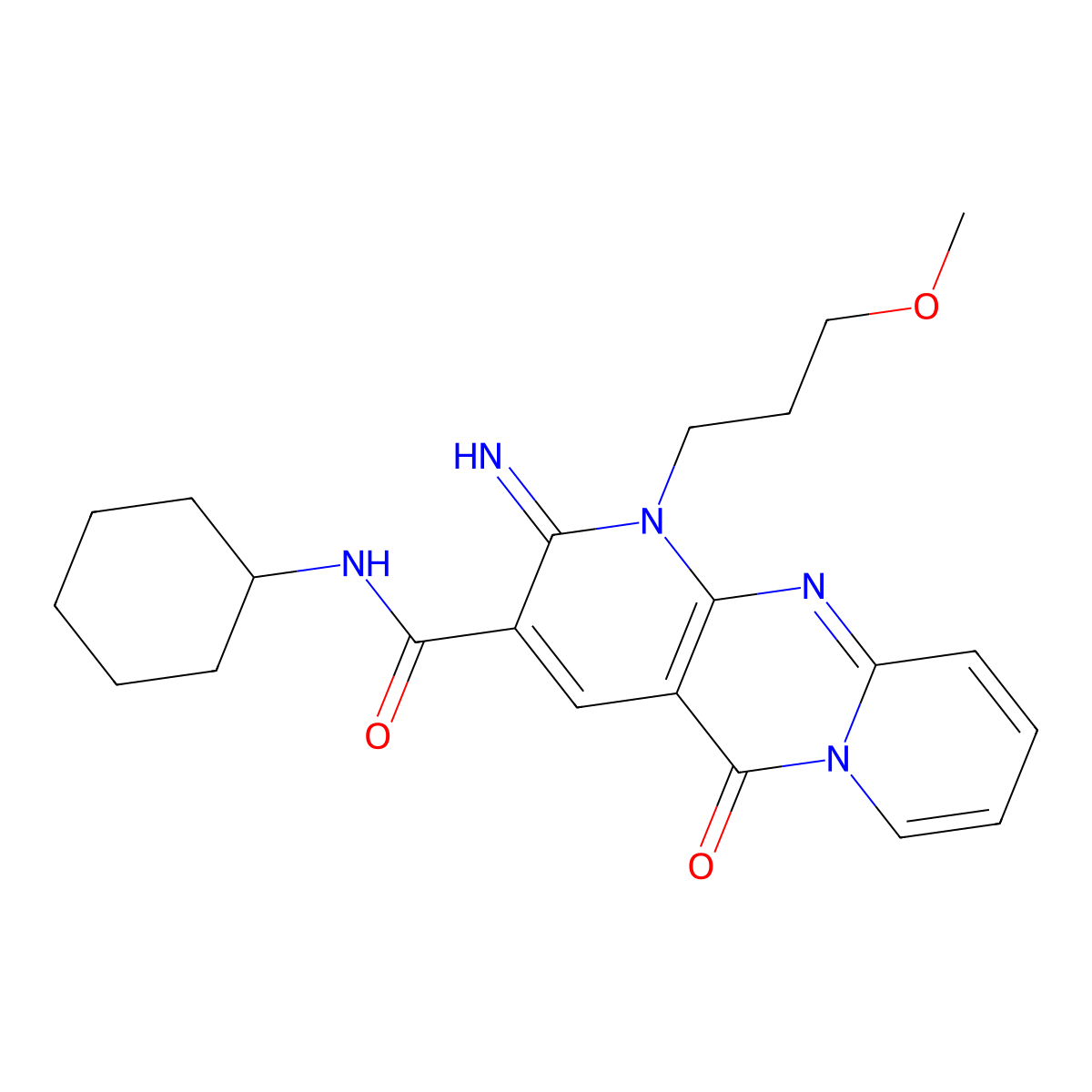 2-Imino-1-(3-methoxy-propyl)-10-oxo-1,10-dihydro-2H-1,9,10a-triaza-anthracene-3-carboxylic acid cyclohexylamide molecular structure, CAS 683807-27-4