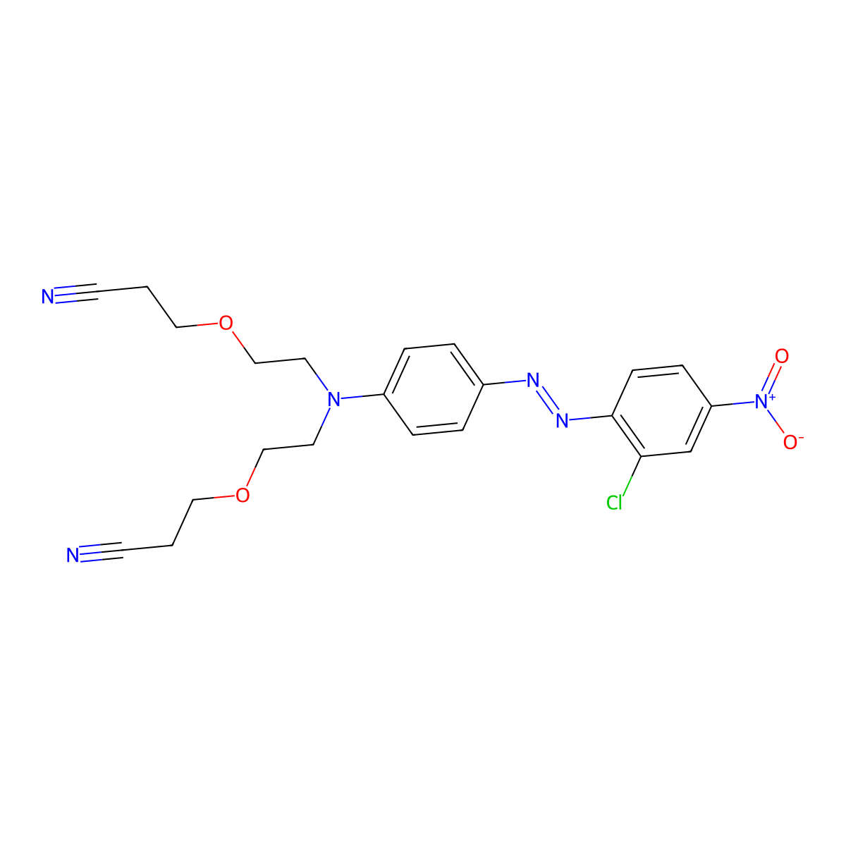 Propanenitrile, 3,3'-[[2-[4-[(2-chloro-4-nitrophenyl)diazenyl]phenyl]imino]bis(2,1-ethanediyloxy)]bis- molecular structure, CAS 68391-49-1