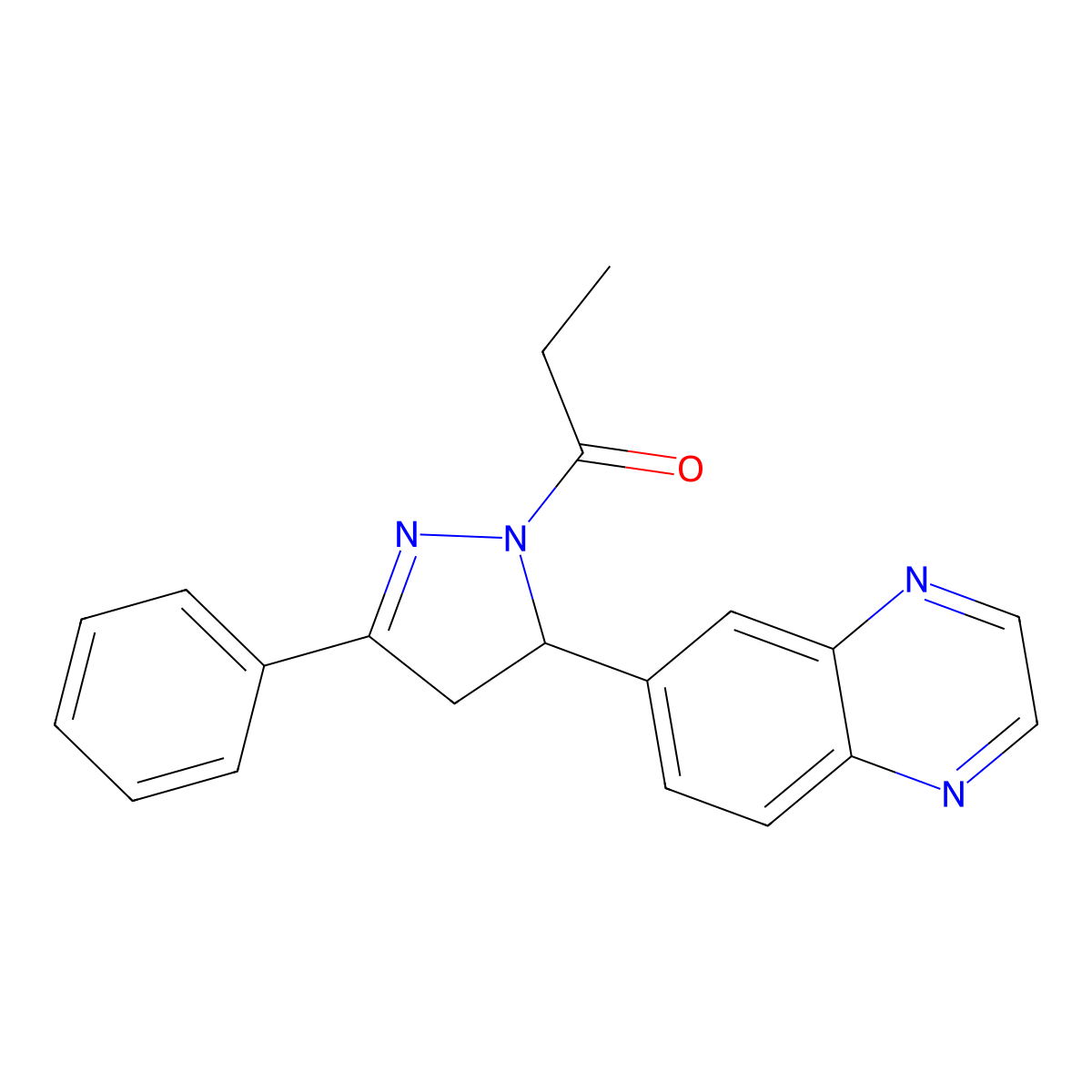 1-(3-phenyl-5-(quinoxalin-6-yl)-4,5-dihydro-1H-pyrazol-1-yl)propan-1-one molecular structure, CAS 684227-81-4