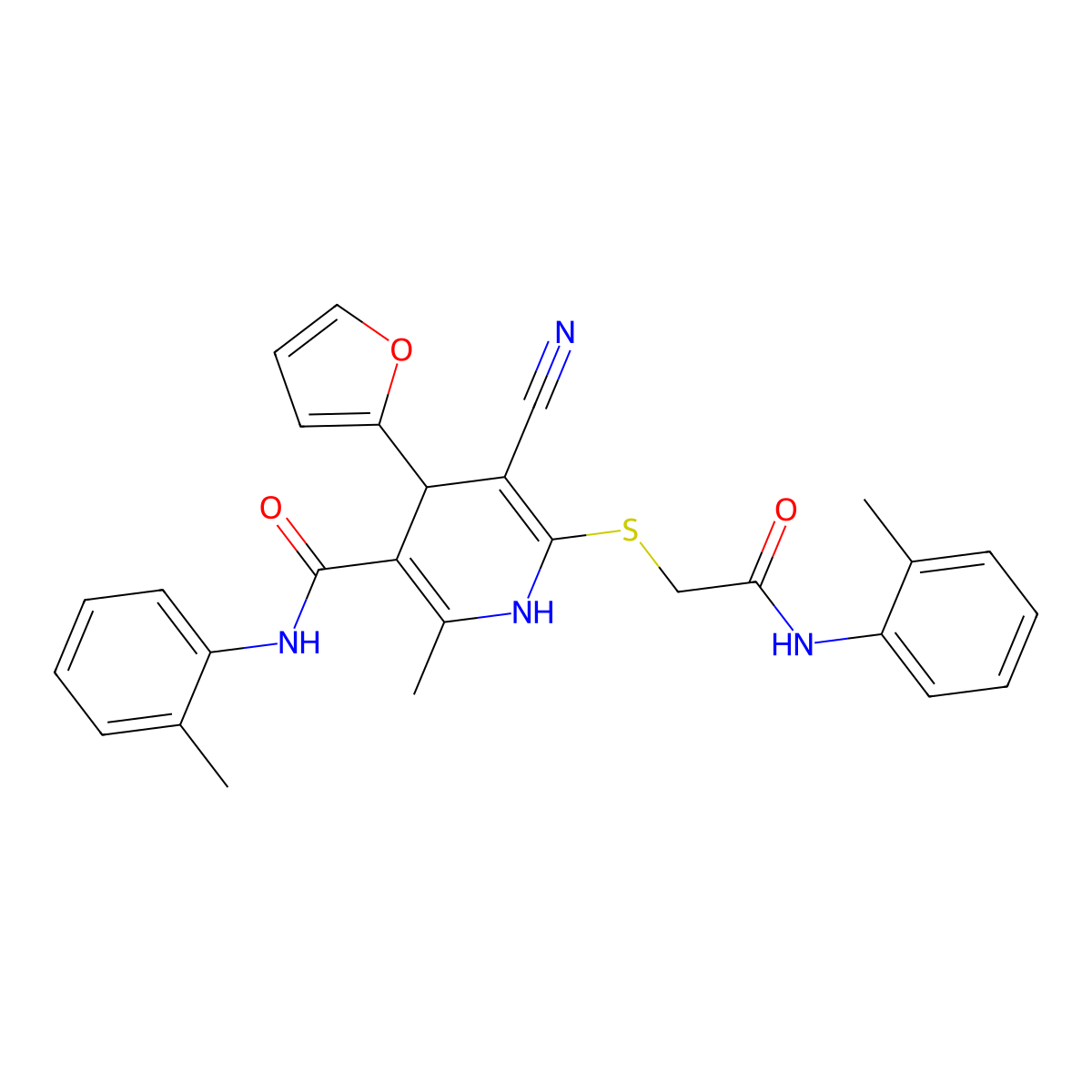 5-cyano-4-(furan-2-yl)-2-methyl-6-[2-(2-methylanilino)-2-oxoethyl]sulfanyl-N-(2-methylphenyl)-1,4-dihydropyridine-3-carboxamide molecular structure, CAS 684230-81-7