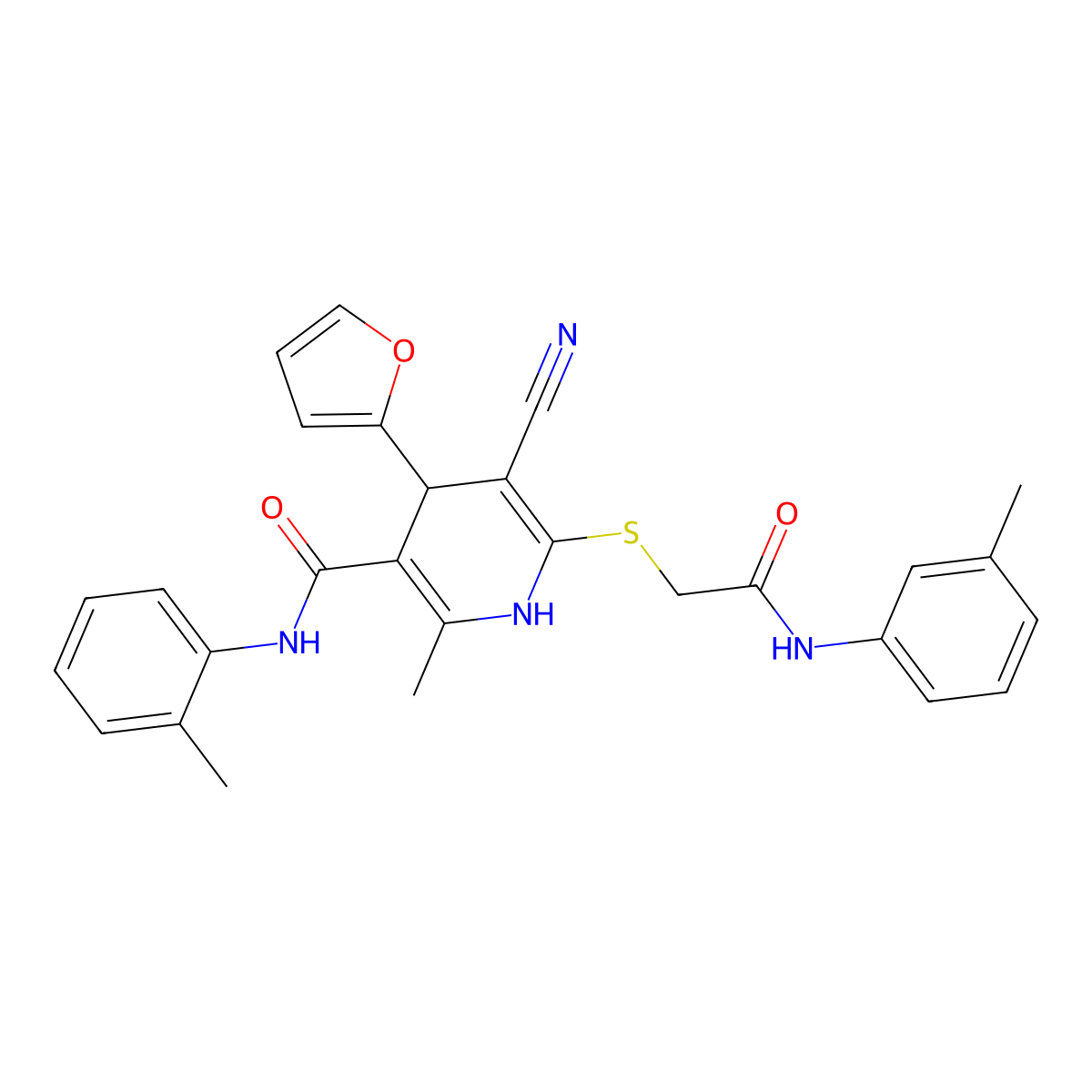 5-cyano-4-(furan-2-yl)-2-methyl-6-((2-oxo-2-(m-tolylamino)ethyl)thio)-N-(o-tolyl)-1,4-dihydropyridine-3-carboxamide molecular structure, CAS 684230-85-1