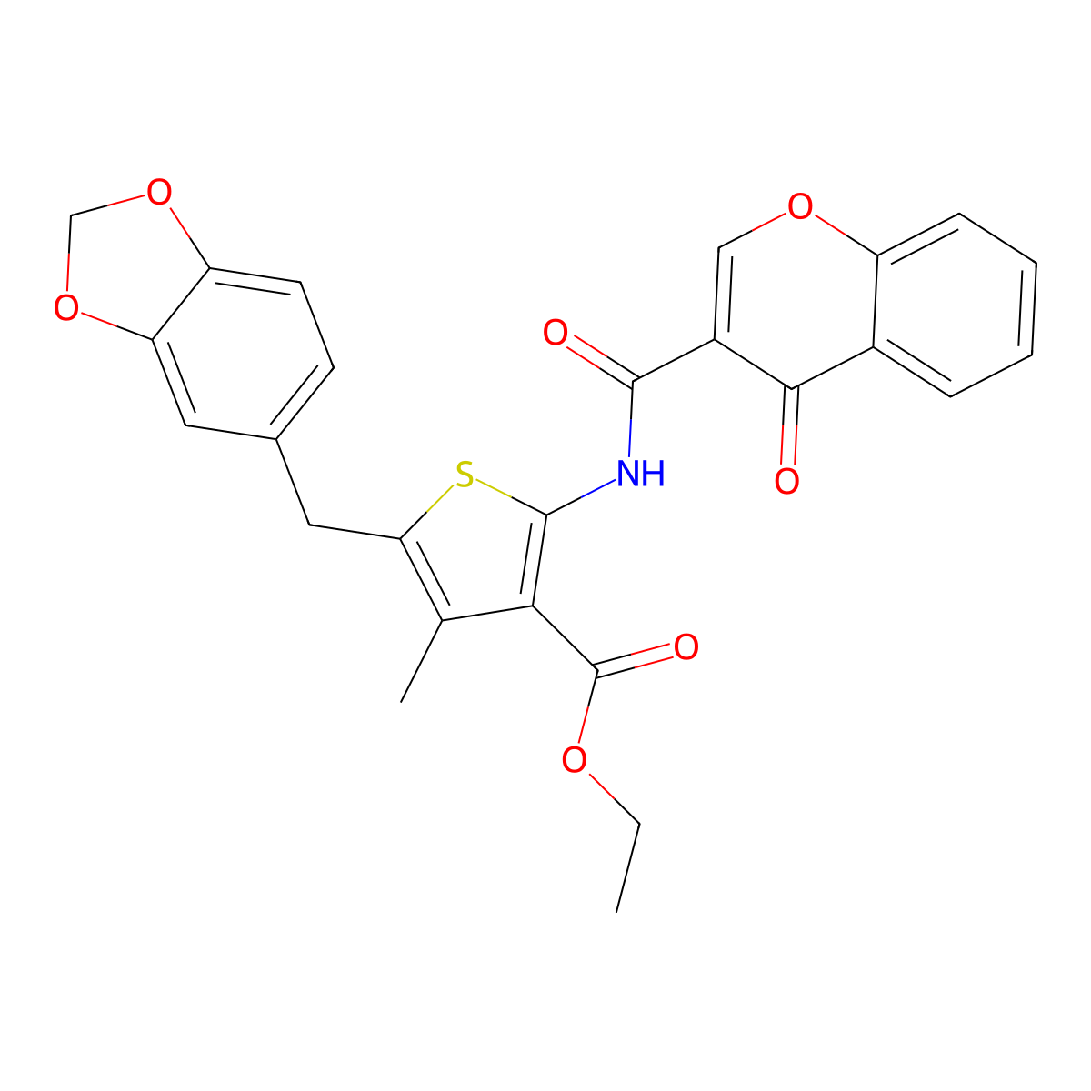 ethyl 5-(benzo[d][1,3]dioxol-5-ylmethyl)-4-methyl-2-(4-oxo-4H-chromene-3-carboxamido)thiophene-3-carboxylate molecular structure, CAS 684231-42-3