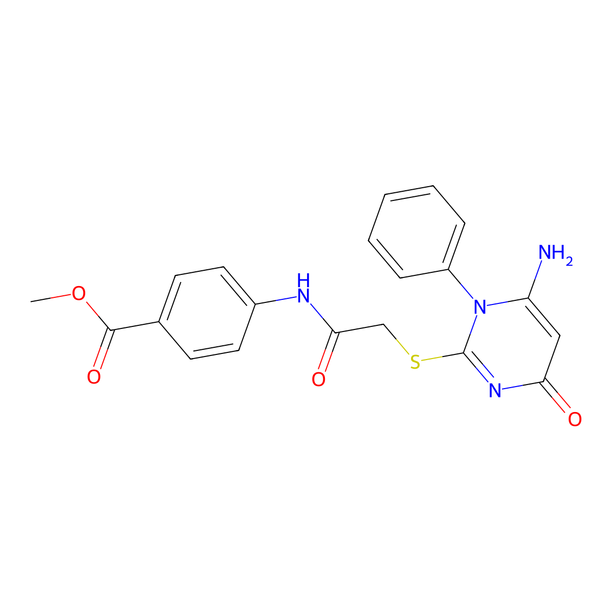 Methyl 4-({[(6-amino-4-oxo-1-phenyl-1,4-dihydro-2-pyrimidinyl)thio]acetyl}amino)benzoate molecular structure, CAS 684234-16-0