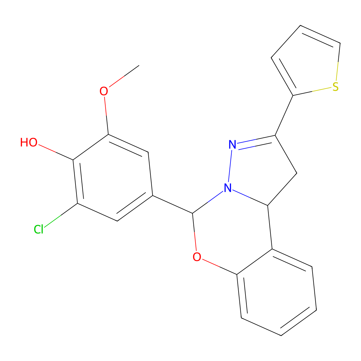 2-Chloro-6-methoxy-4-[2-(thiophen-2-yl)-1,10b-dihydropyrazolo[1,5-c][1,3]benzoxazin-5-yl]phenol molecular structure, CAS 684235-82-3