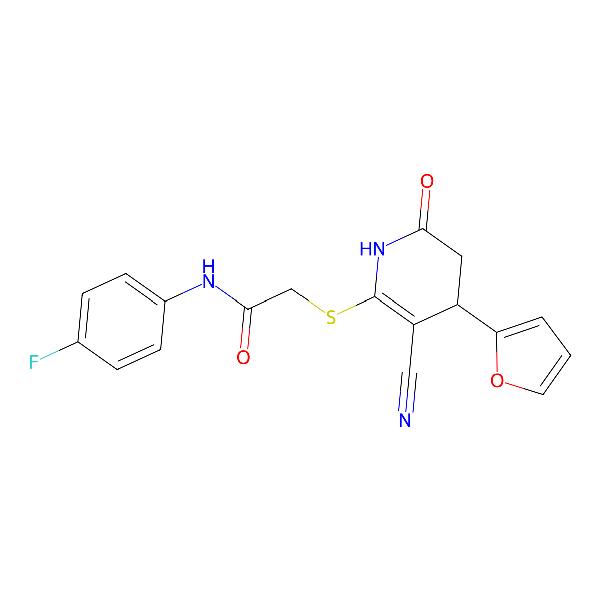 2-((3-cyano-4-(furan-2-yl)-6-oxo-1,4,5,6-tetrahydropyridin-2-yl)thio)-N-(4-fluorophenyl)acetamide molecular structure, CAS 684237-83-0