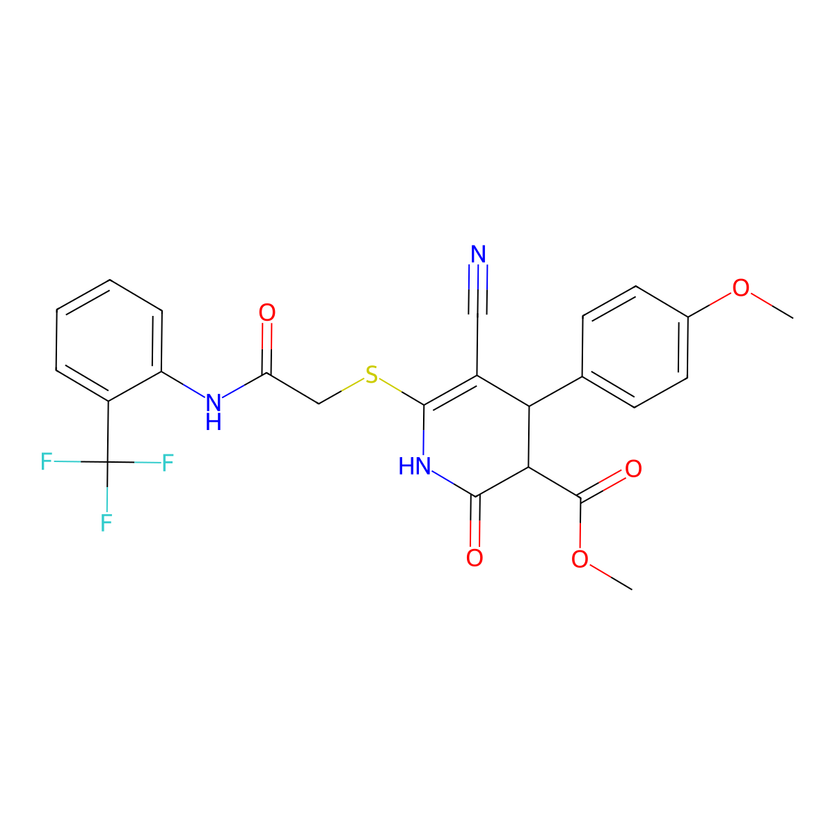 methyl 5-cyano-4-(4-methoxyphenyl)-2-oxo-6-[2-oxo-2-[2-(trifluoromethyl)anilino]ethyl]sulfanyl-3,4-dihydro-1H-pyridine-3-carboxylate molecular structure, CAS 684237-89-6